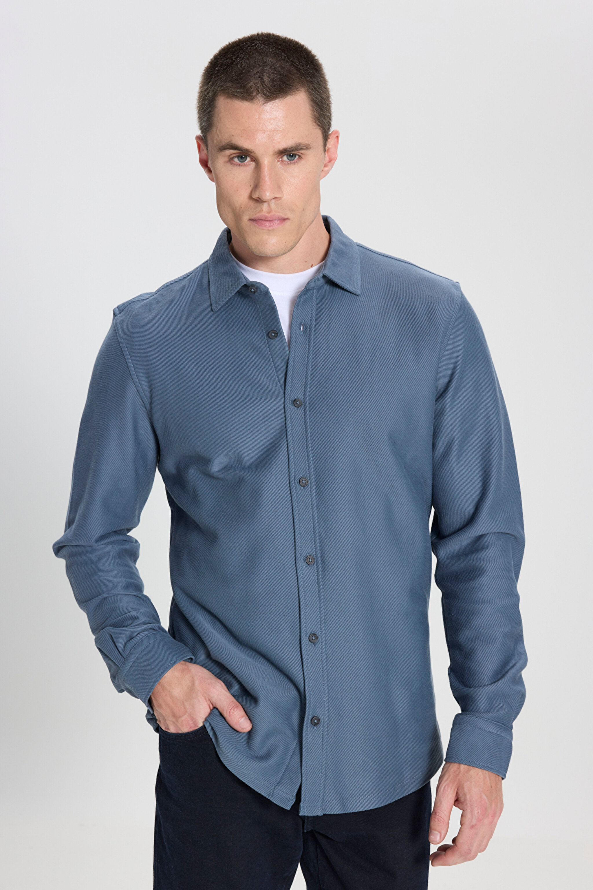 Regular Fit Normal Kesim %100 Pamuk İndigo Gömlek - Indigo-W242585315 (görsel 2)