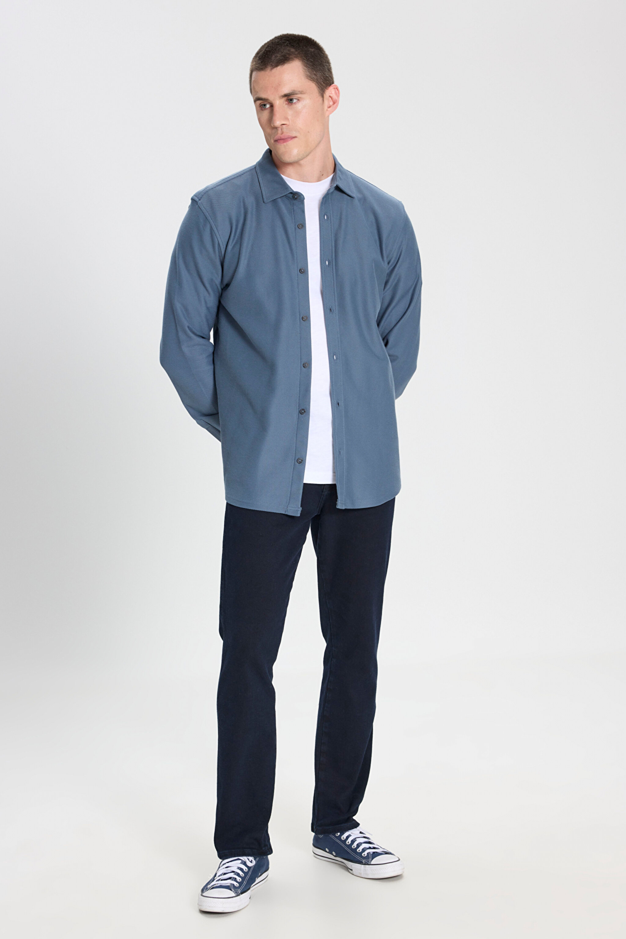 Regular Fit Normal Kesim %100 Pamuk İndigo Gömlek - Indigo-W242585315 (görsel 3)
