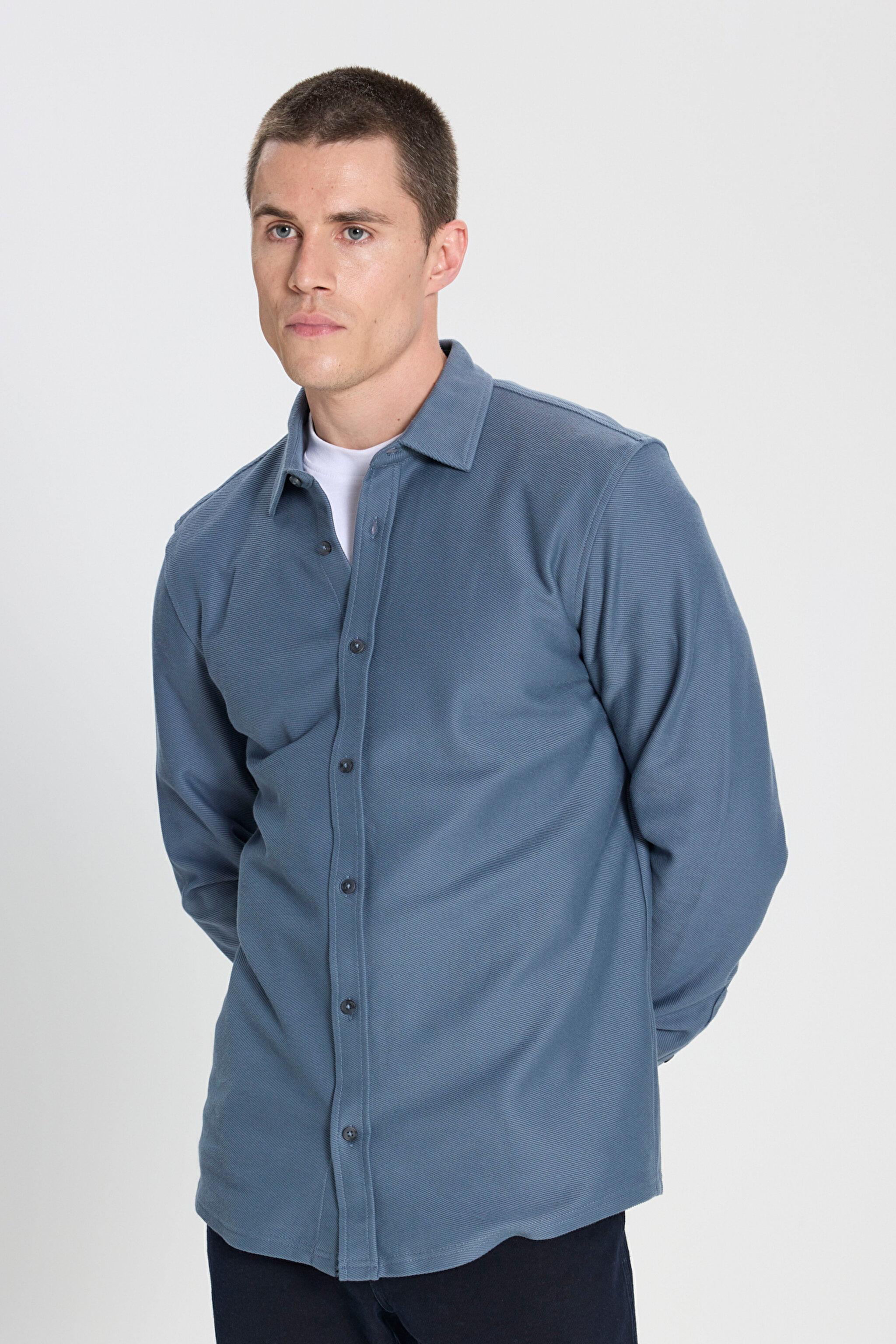 Regular Fit Normal Kesim %100 Pamuk İndigo Gömlek - Indigo-W242585315 (görsel 4)