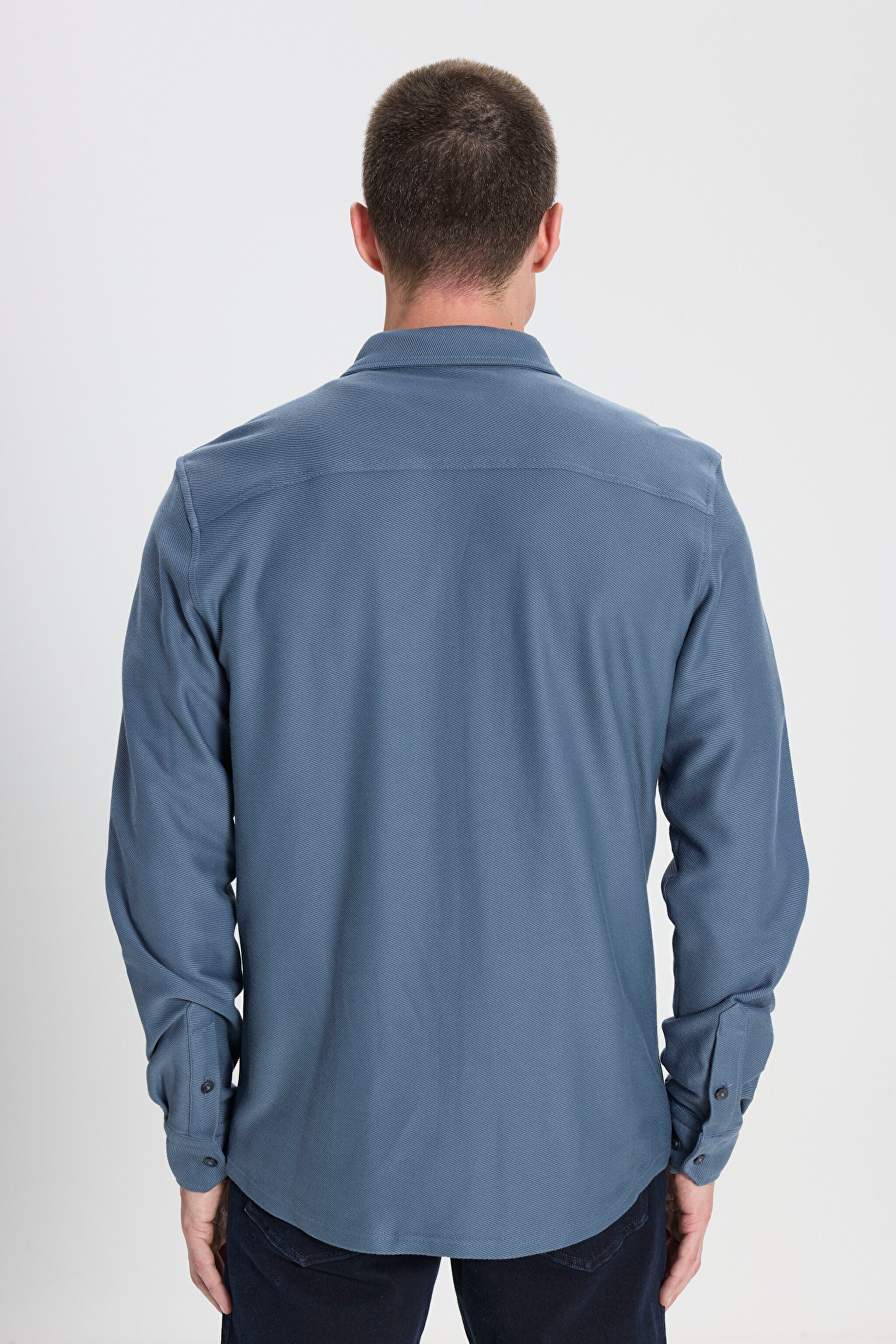 Regular Fit Normal Kesim %100 Pamuk İndigo Gömlek - Indigo-W242585315 (görsel 6)