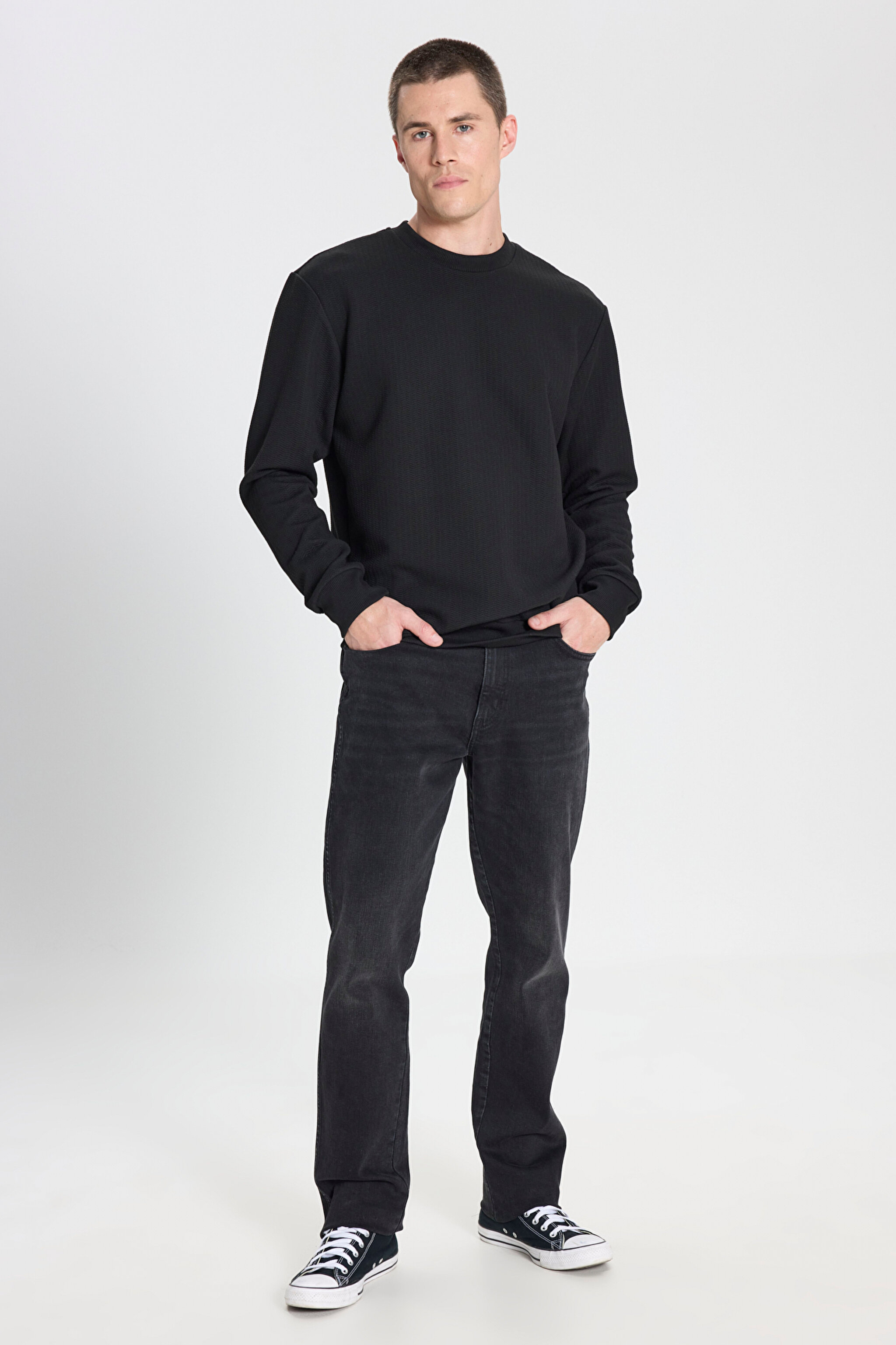 Regular Fit Normal Kesim Bisiklet Yaka Siyah Sweatshirt - Black-W242593001 (görsel 3)