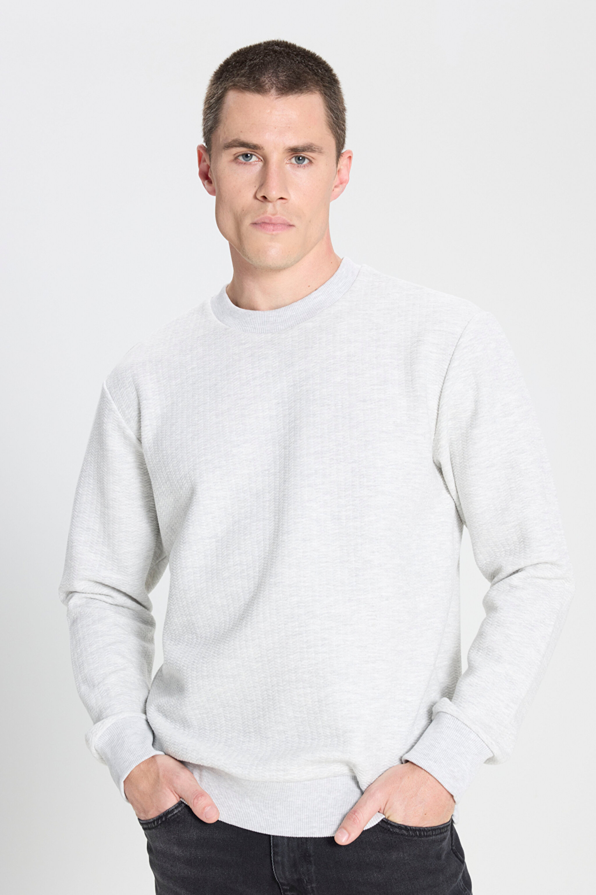 Regular Fit Normal Kesim Bisiklet Yaka Gri Melanj Sweatshirt