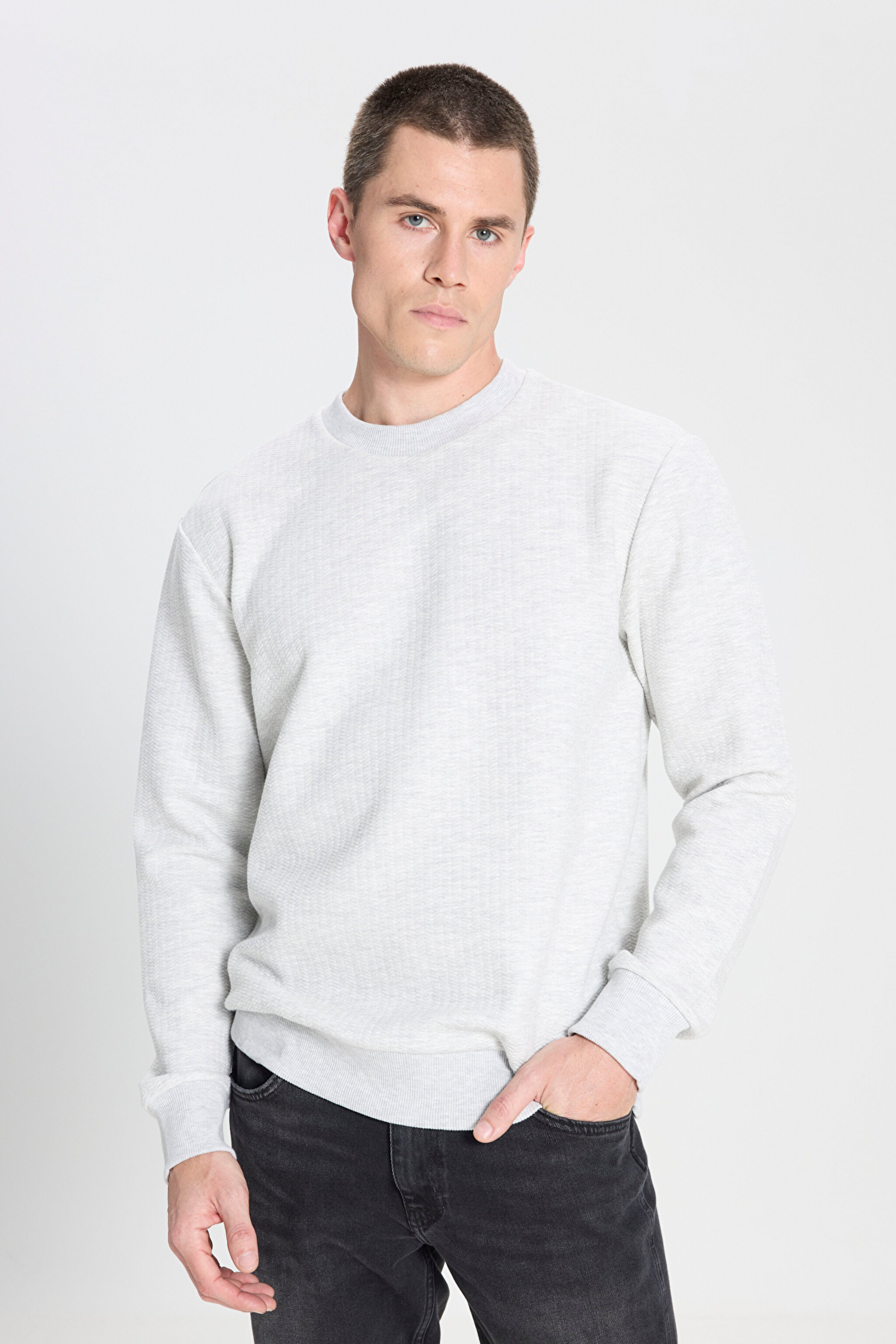 Regular Fit Normal Kesim Bisiklet Yaka Gri Melanj Sweatshirt - Gray Melange-W242593036 (görsel 2)