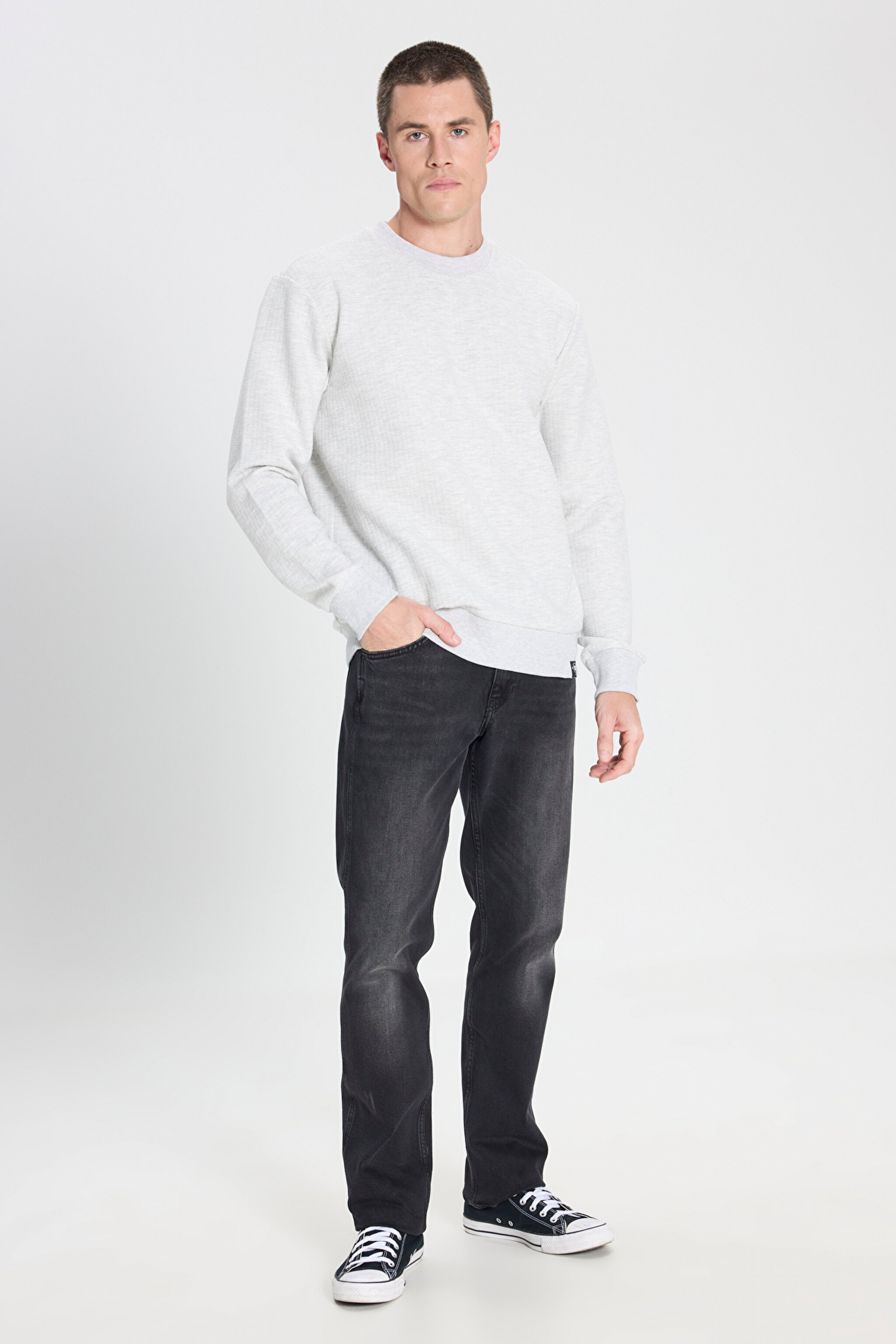 Regular Fit Normal Kesim Bisiklet Yaka Gri Melanj Sweatshirt - Gray Melange-W242593036 (görsel 3)