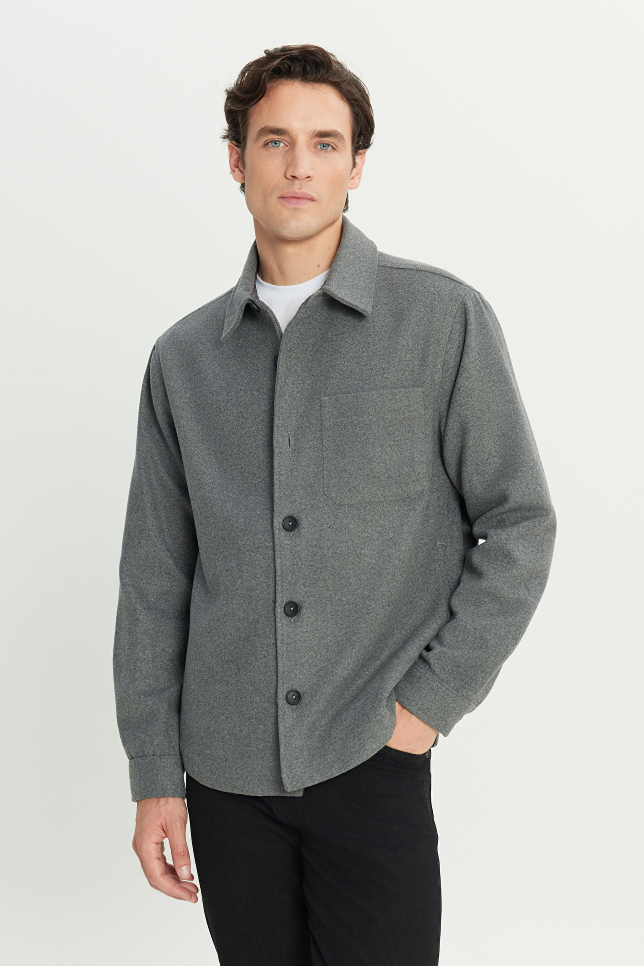 Loose Fit Rahat Kesim Antrasit Melanj Gömlek Ceket - Antrasit Melanj-W242599ANM