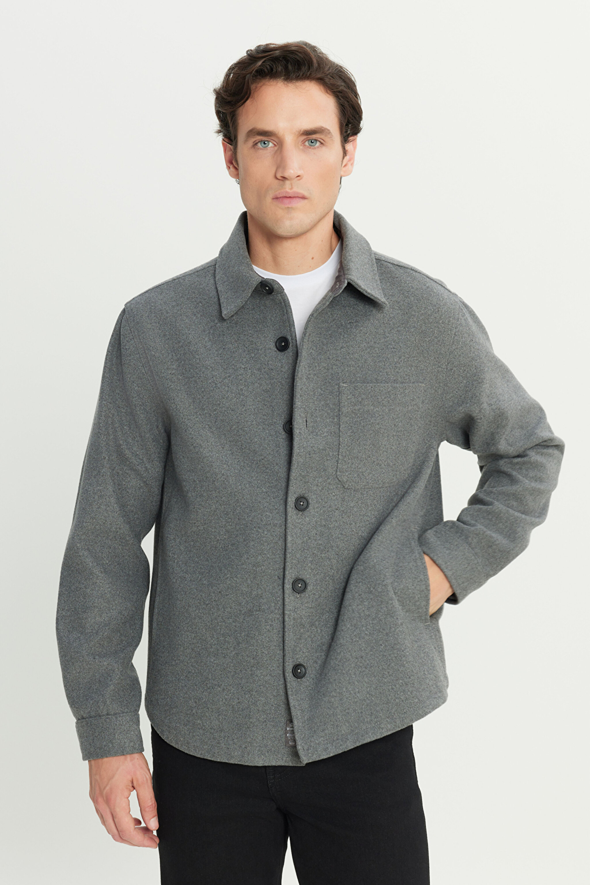 Loose Fit Rahat Kesim Antrasit Melanj Gömlek Ceket - Antrasit Melanj-W242599ANM (görsel 2)