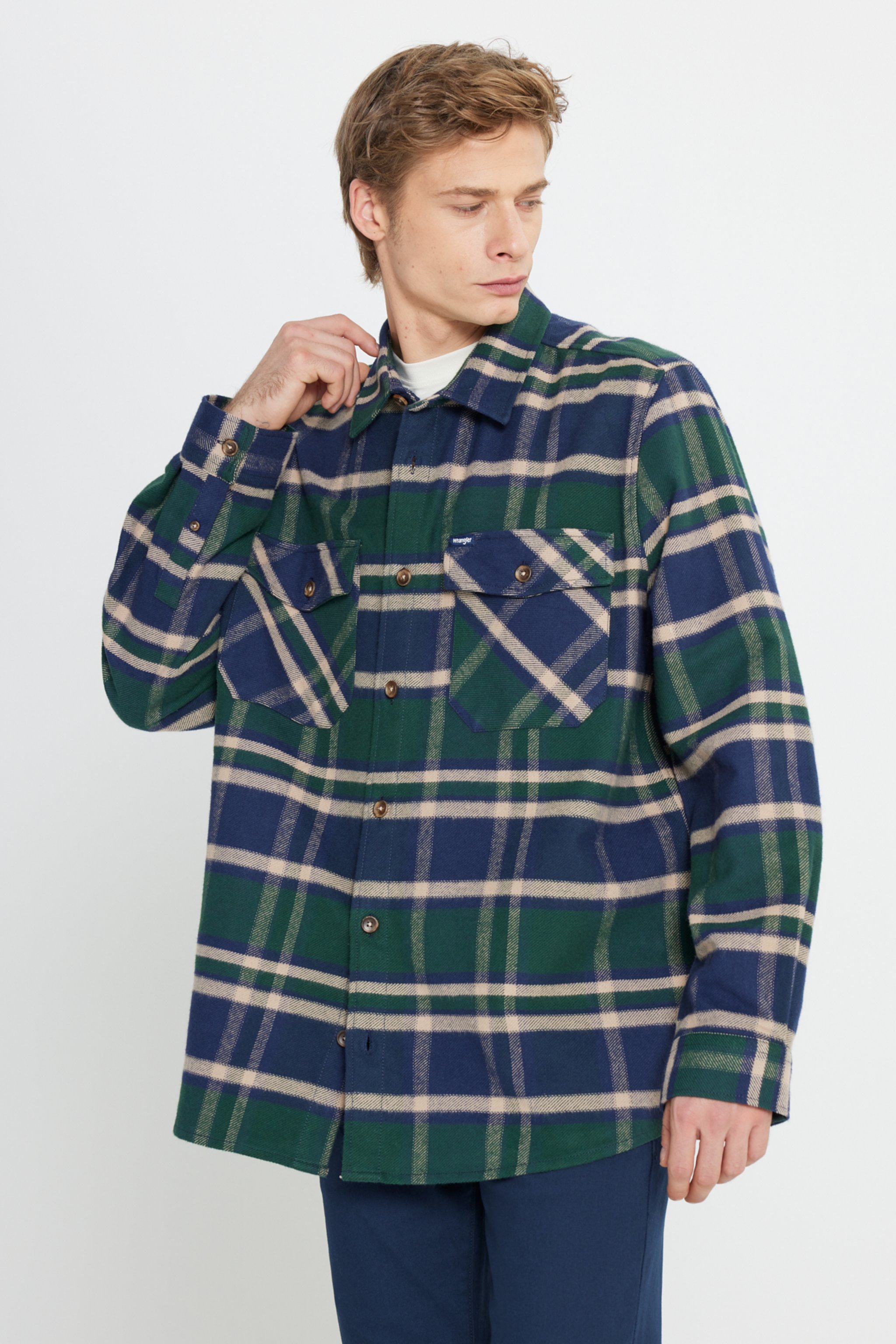 Relaxed Fit Geniş Kesim %100 Pamuk Yeşil Ekoseli Gömlek - Multi-W242602900