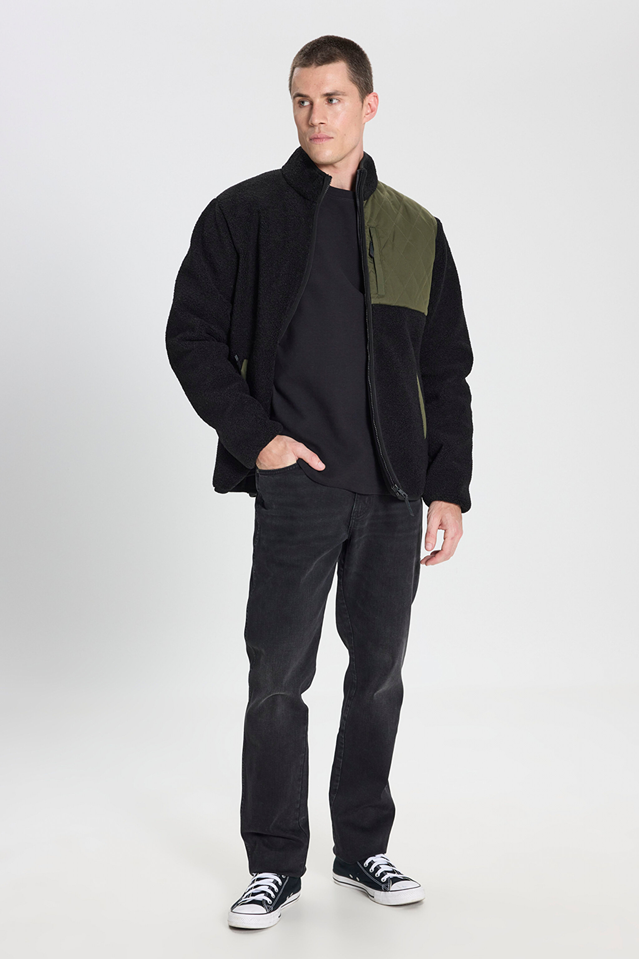 Regular Fit Normal Kesim Fermuarlı Siyah Sherpa Ceket - Black-W242640001 (görsel 3)