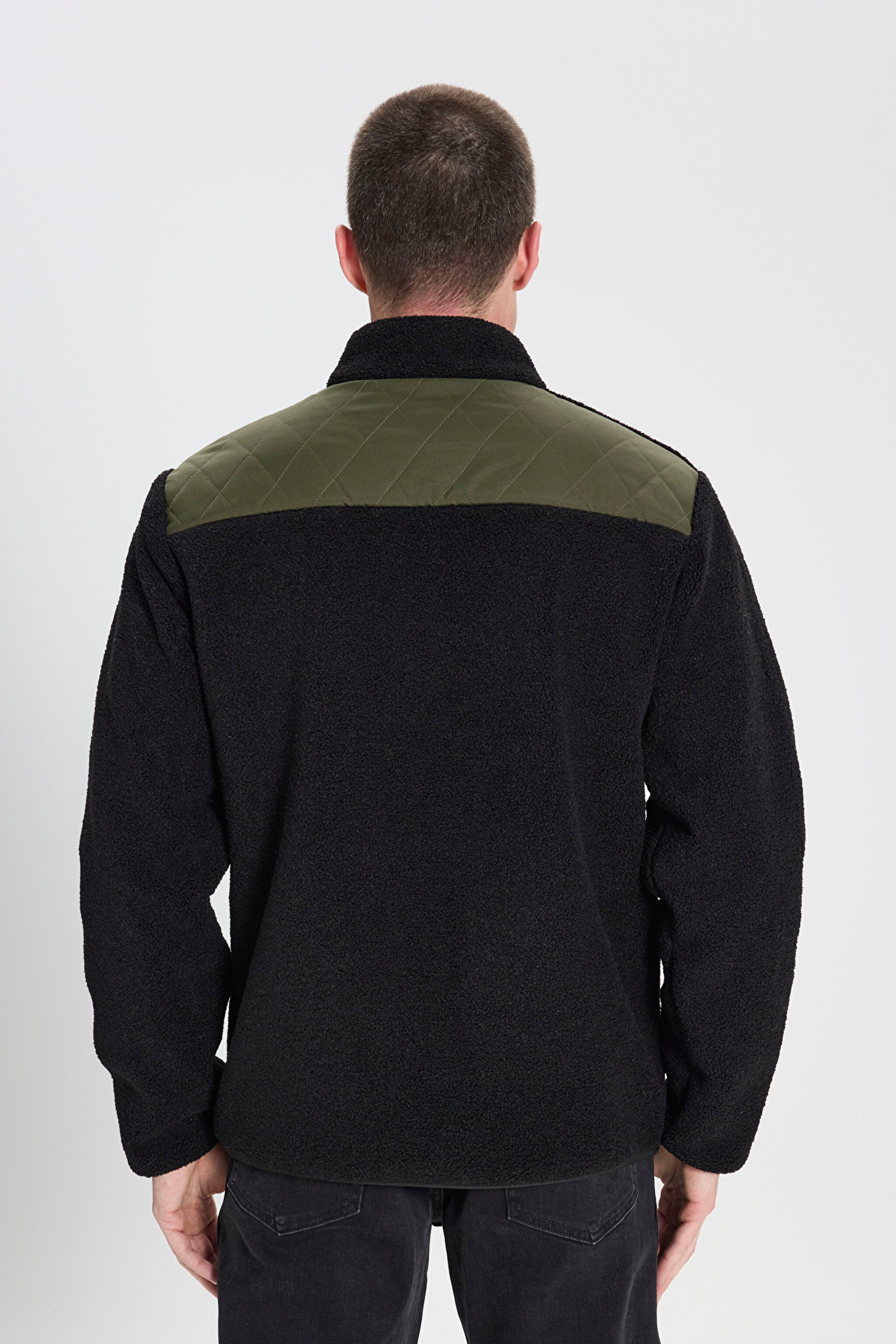 Regular Fit Normal Kesim Fermuarlı Siyah Sherpa Ceket - Black-W242640001 (görsel 5)
