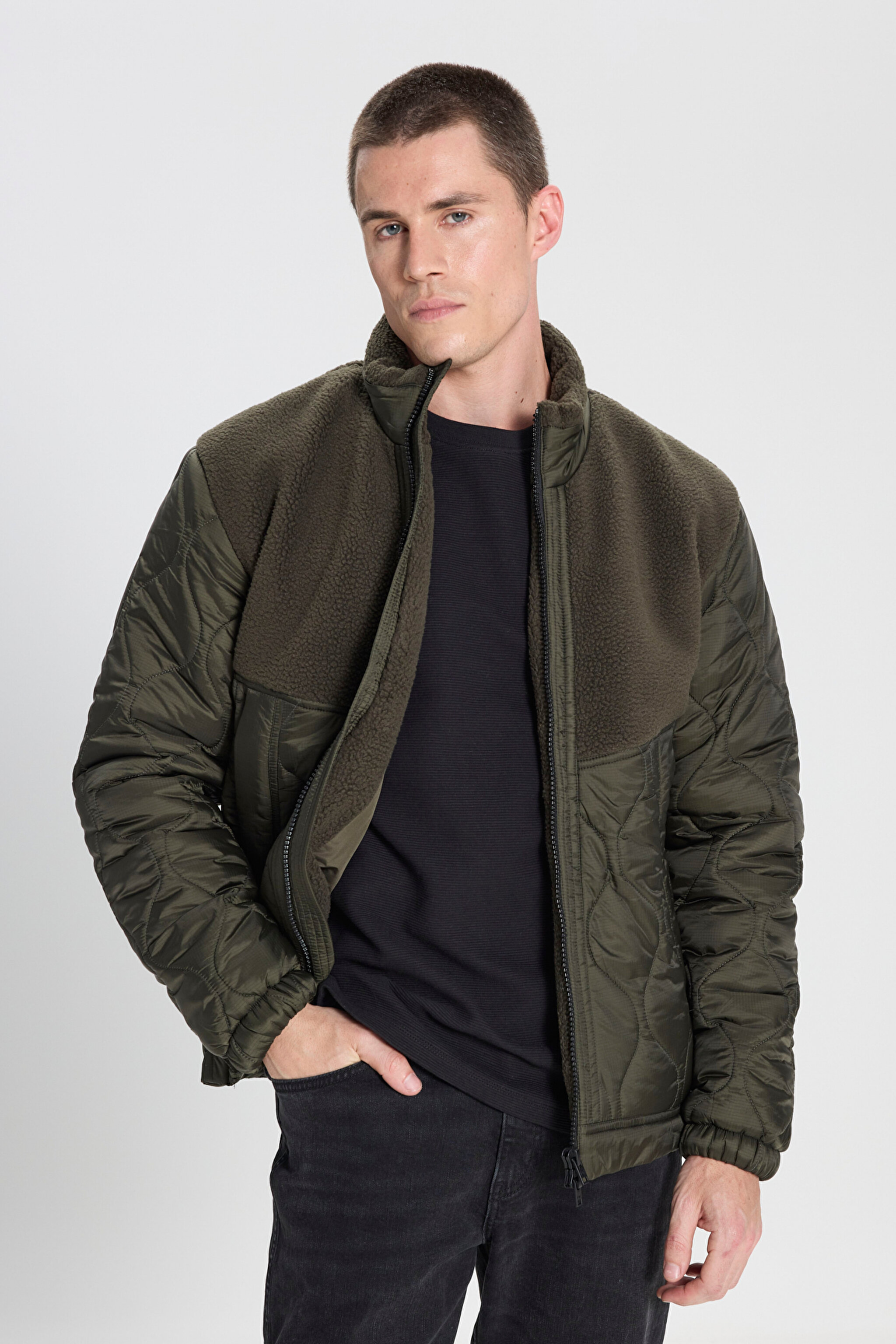 Regular Fit Normal Kesim Sherpa Detaylı Haki Kapitone Mont - Khaki-W242644801