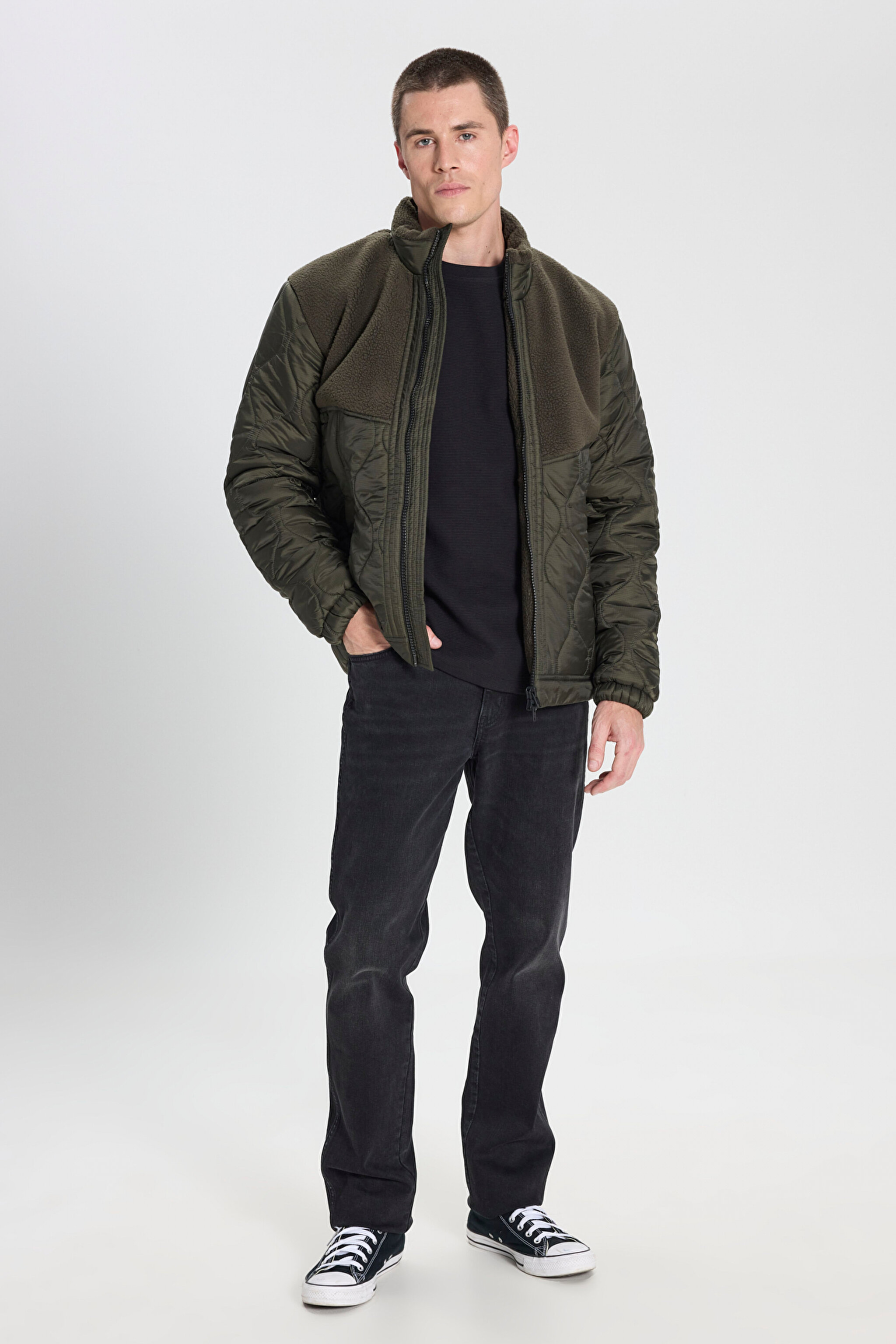 Regular Fit Normal Kesim Sherpa Detaylı Haki Kapitone Mont - Khaki-W242644801 (görsel 3)