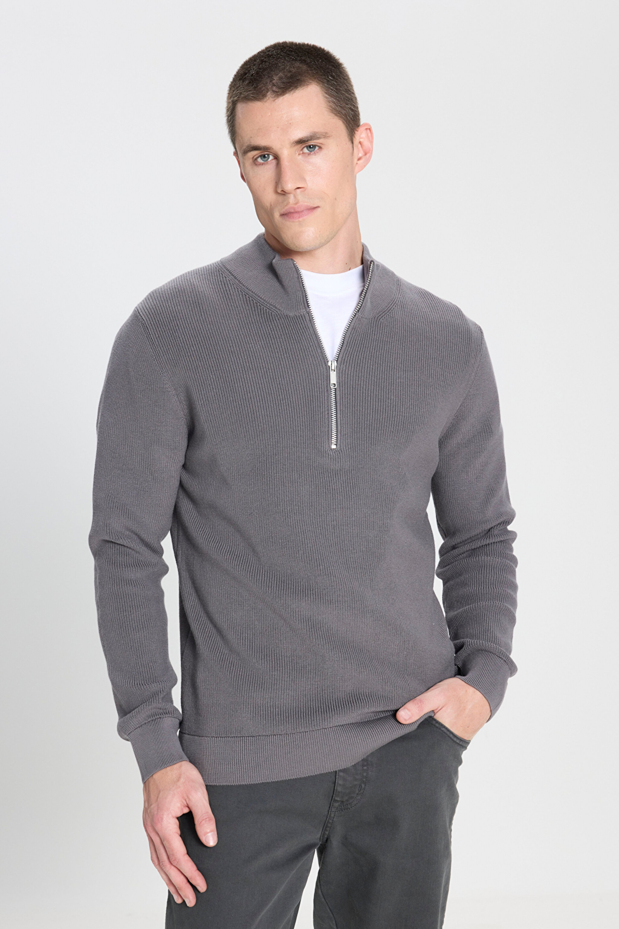 Regular Fit Normal Kesim Fermuar Detaylı Antrasit Triko Kazak - Anthracite-W242666003