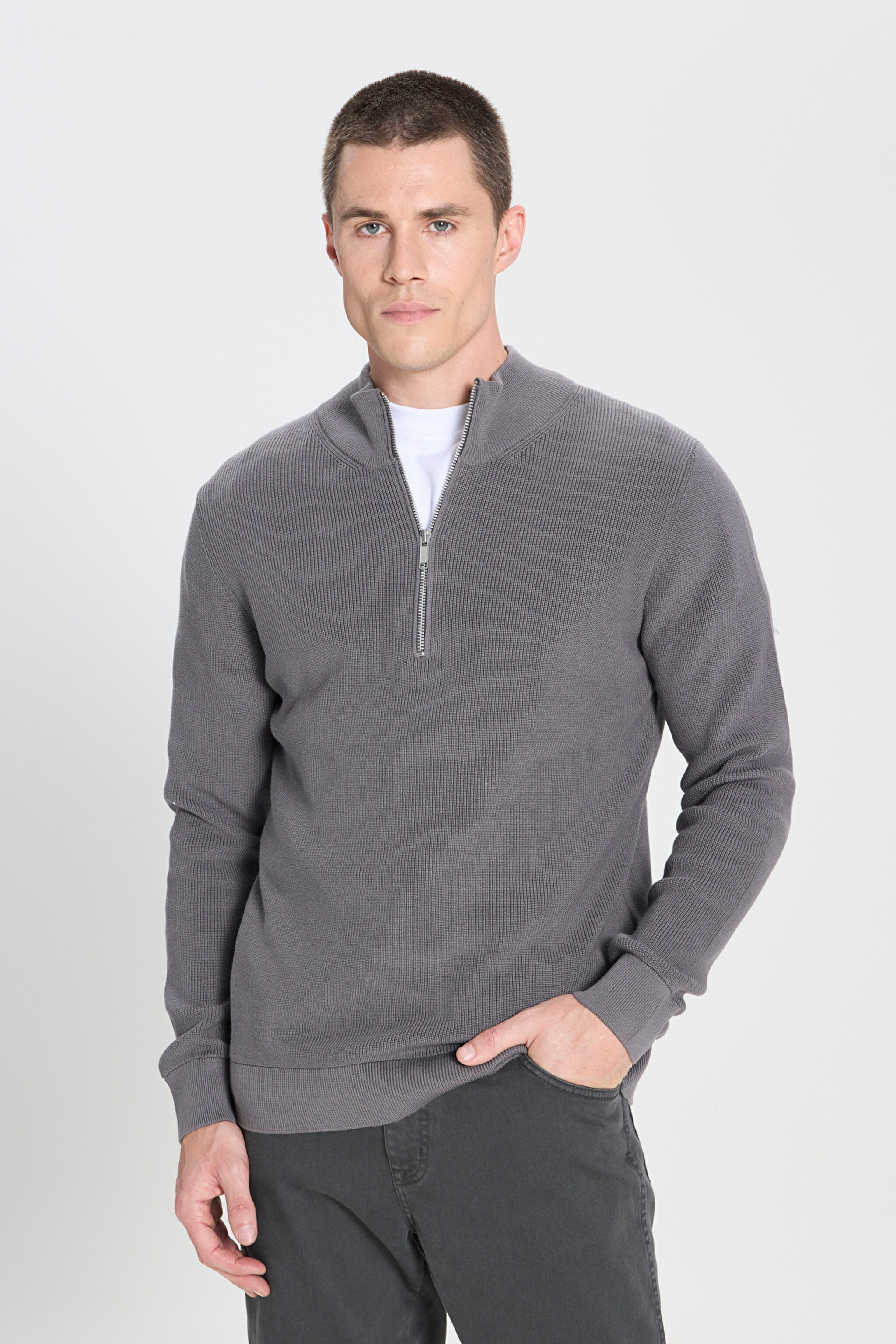 Regular Fit Normal Kesim Fermuar Detaylı Antrasit Triko Kazak - Anthracite-W242666003 (görsel 2)