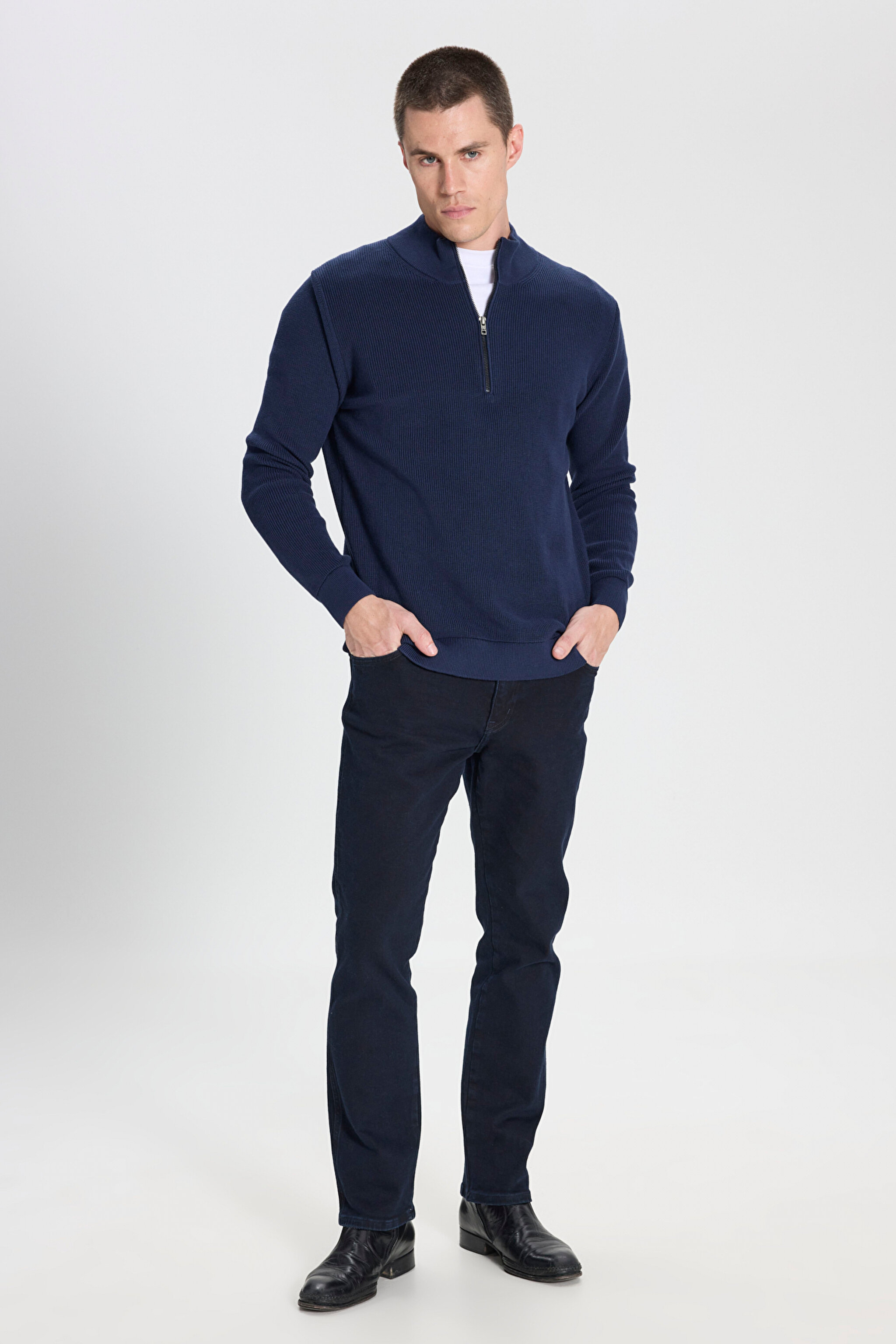 Regular Fit Normal Kesim %100 Pamuk Fermuar Detaylı Lacivert Triko Kazak - Navy-W242666410 (görsel 3)