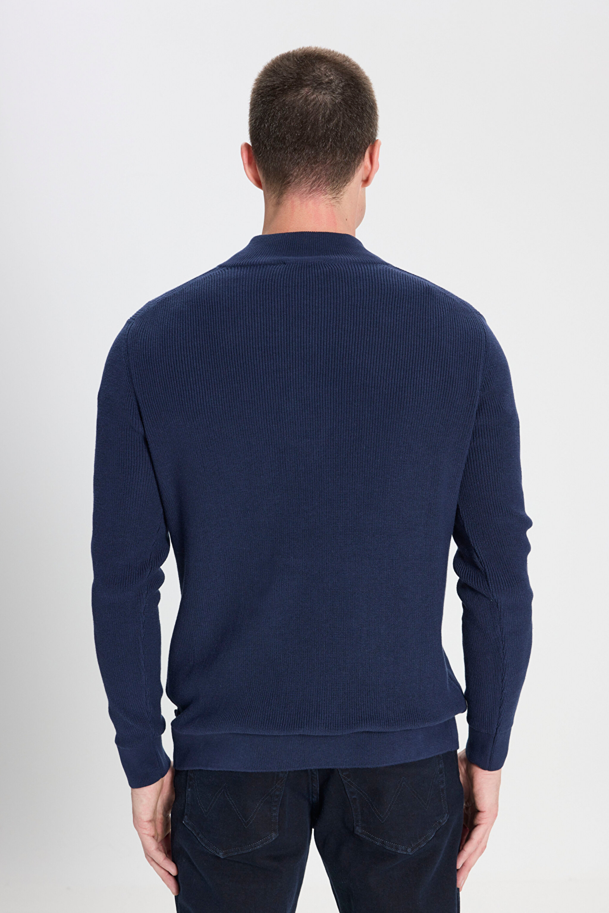 Regular Fit Normal Kesim %100 Pamuk Fermuar Detaylı Lacivert Triko Kazak - Navy-W242666410 (görsel 5)