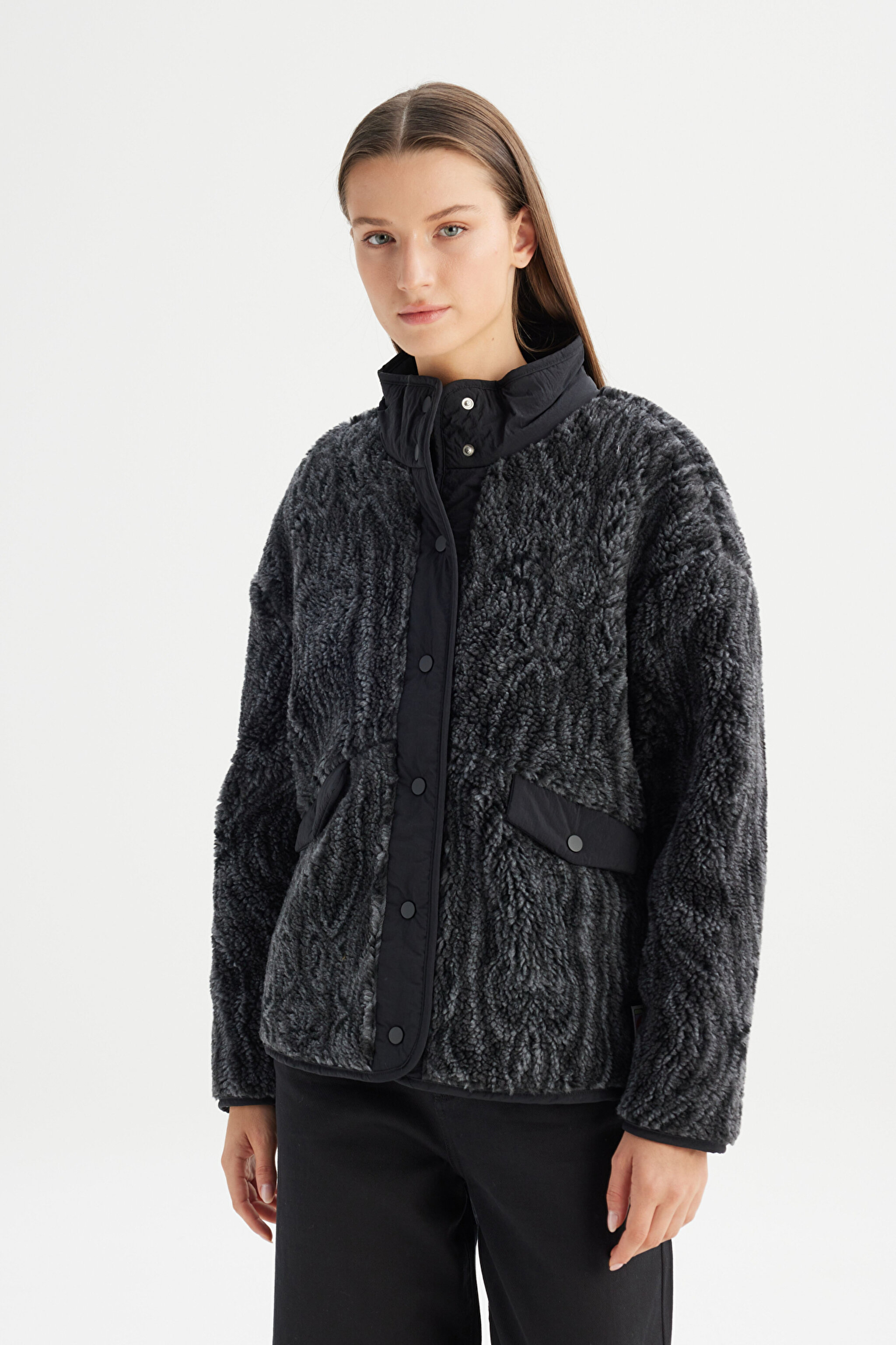 Regular Fit Normal Kesim Desenli Siyah Sherpa Ceket - Black-W242707001