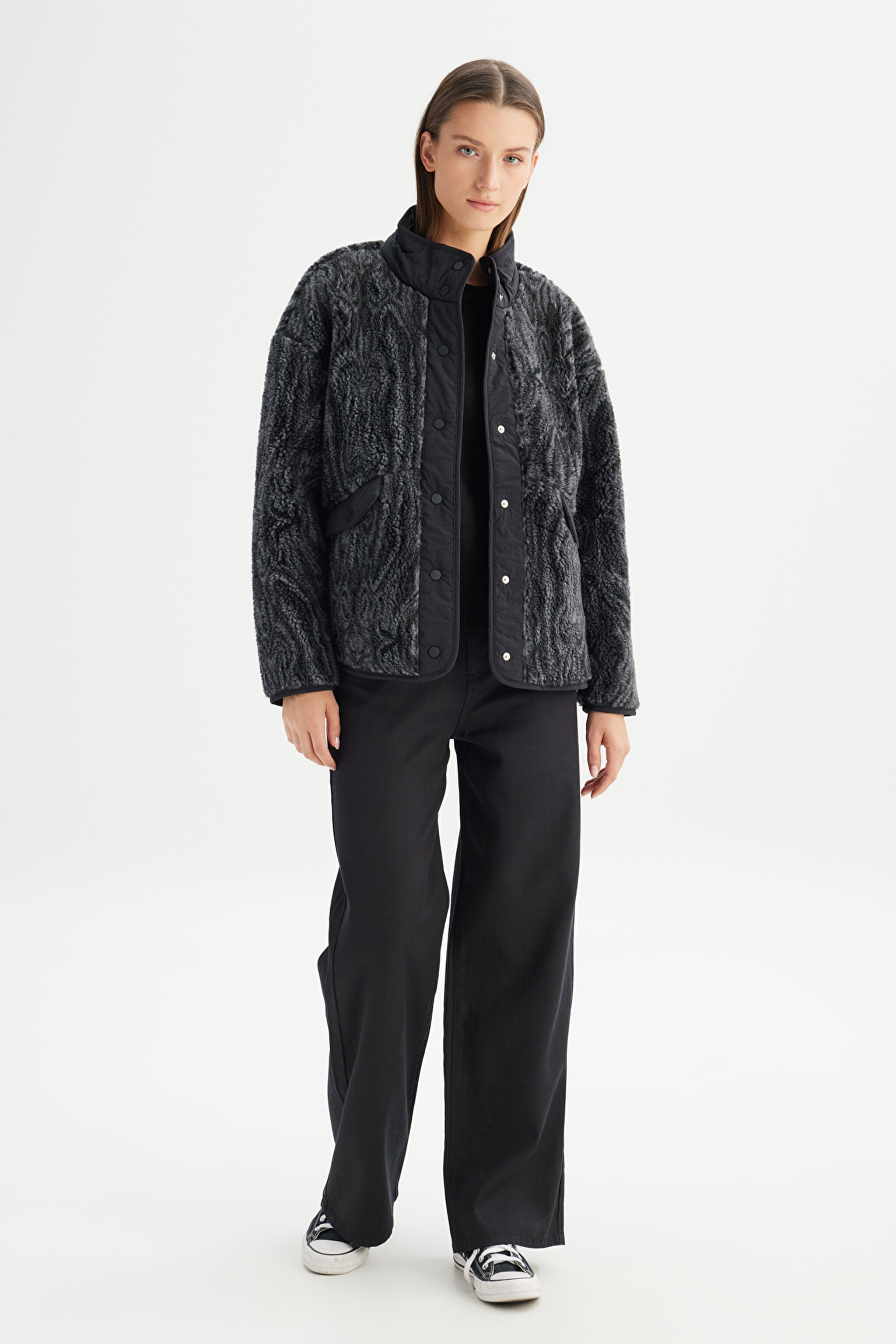 Regular Fit Normal Kesim Desenli Siyah Sherpa Ceket - Black-W242707001 (görsel 2)