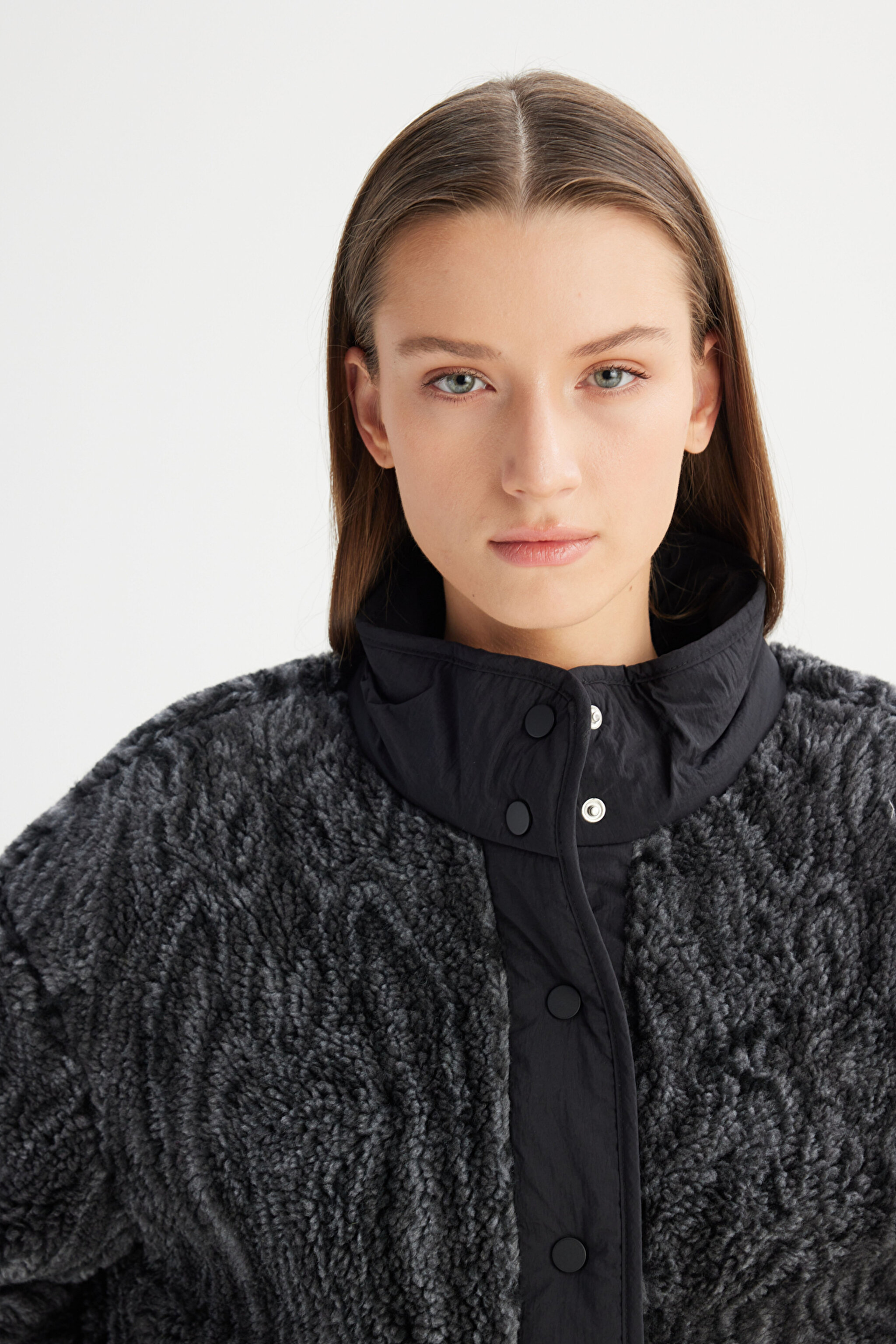 Regular Fit Normal Kesim Desenli Siyah Sherpa Ceket - Black-W242707001 (görsel 4)