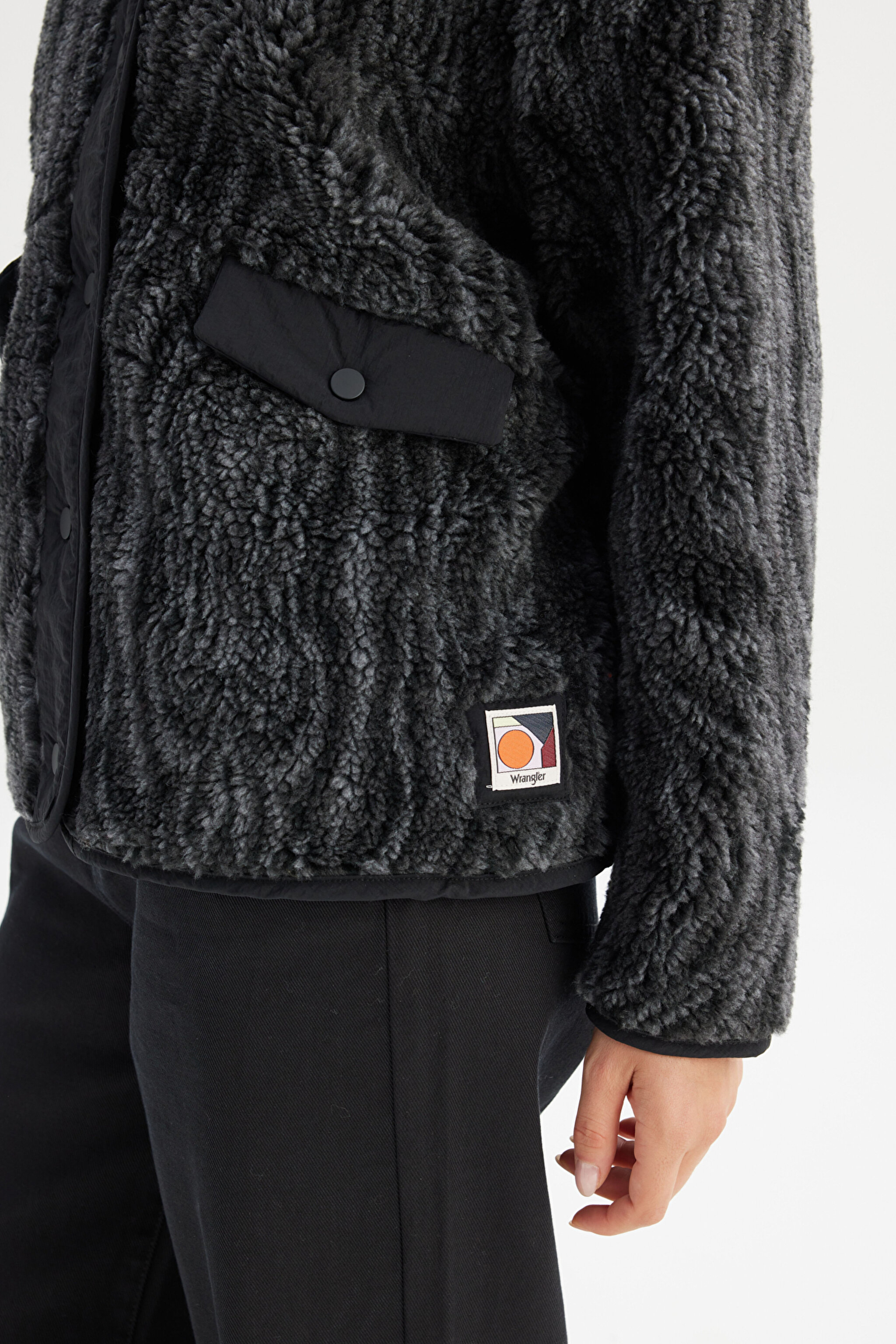 Regular Fit Normal Kesim Desenli Siyah Sherpa Ceket - Black-W242707001 (görsel 5)