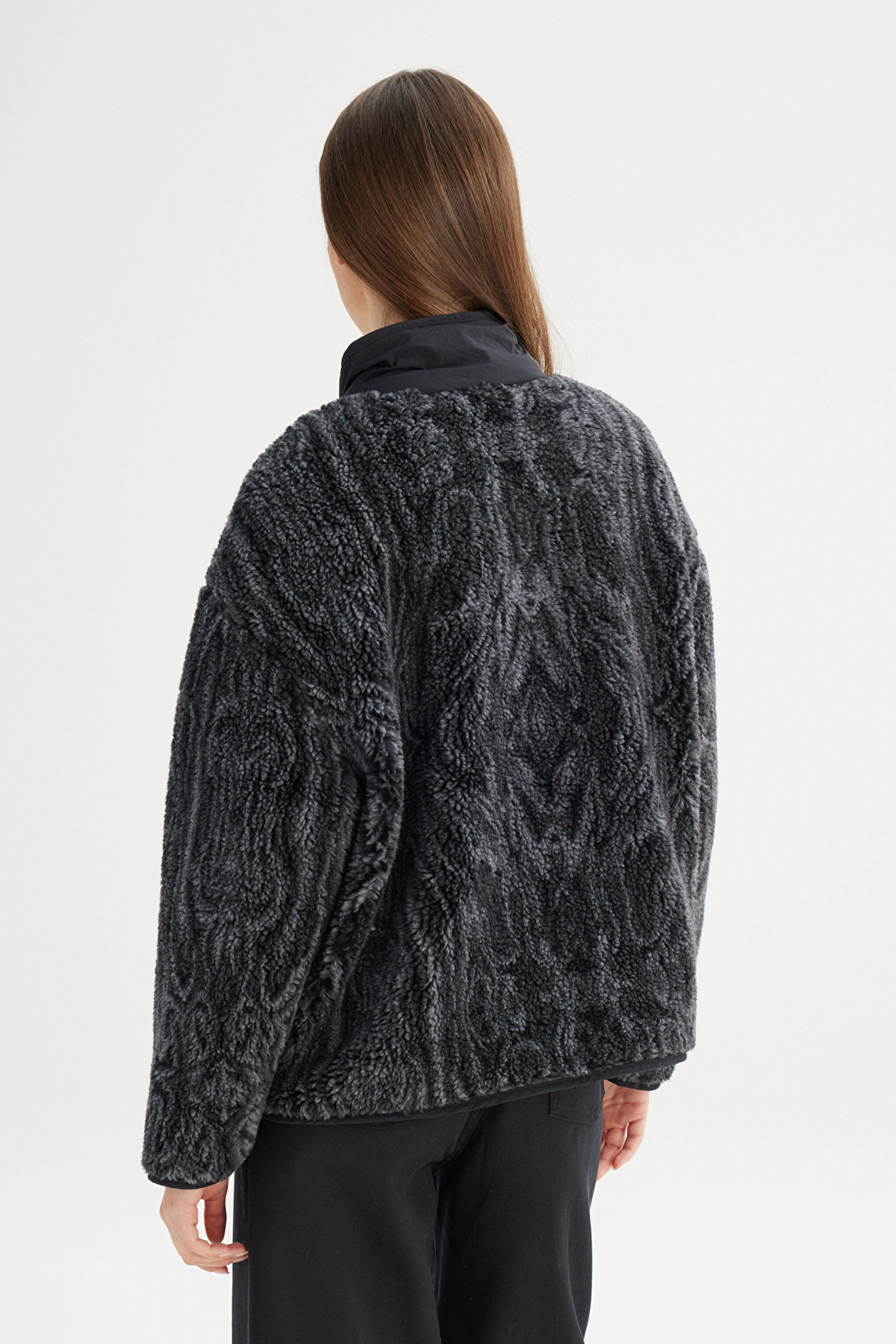 Regular Fit Normal Kesim Desenli Siyah Sherpa Ceket - Black-W242707001 (görsel 6)
