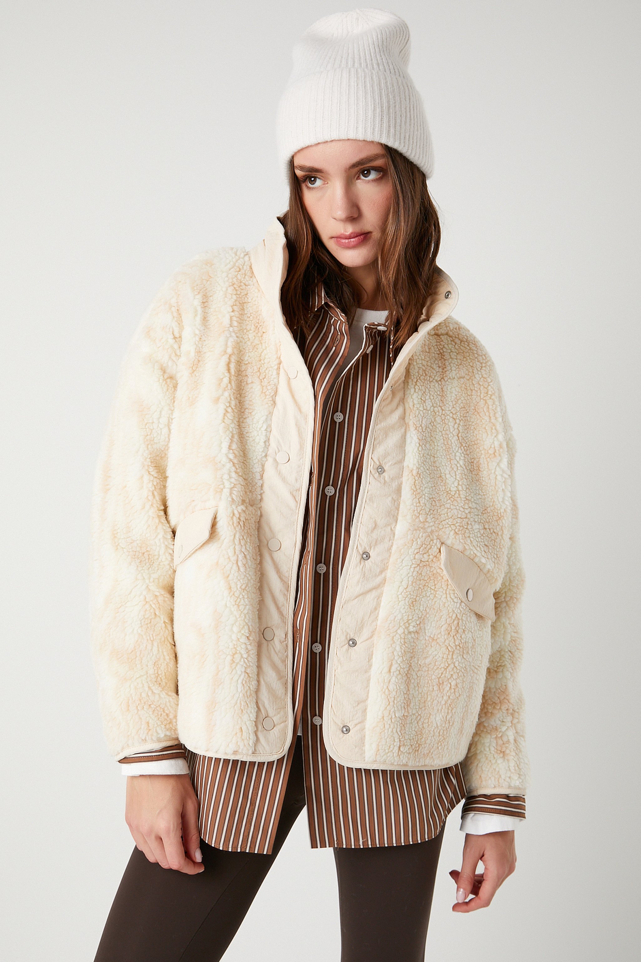 Regular Fit Normal Kesim Desenli Bej Sherpa Ceket - Beige-W242707614