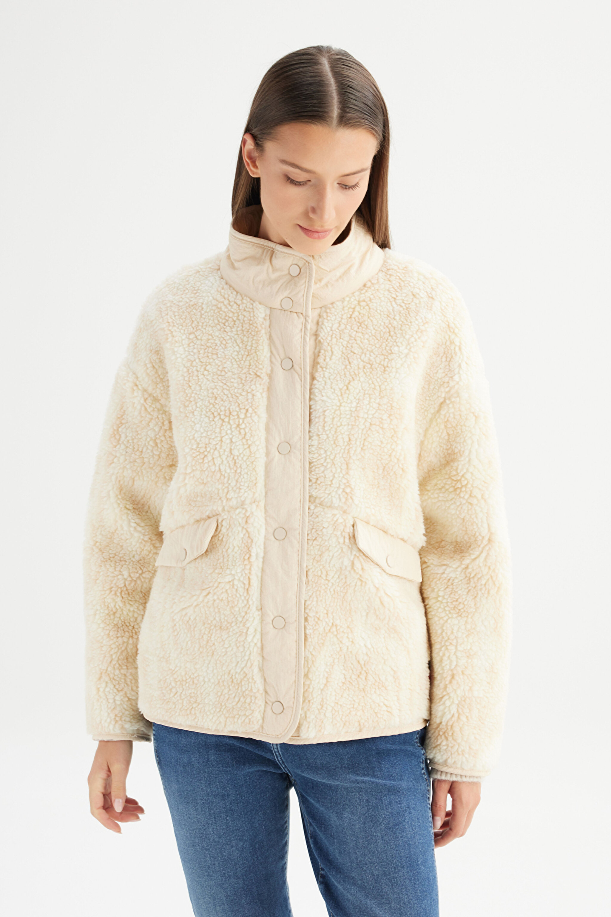 Regular Fit Normal Kesim Desenli Bej Sherpa Ceket - Beige-W242707614 (görsel 3)