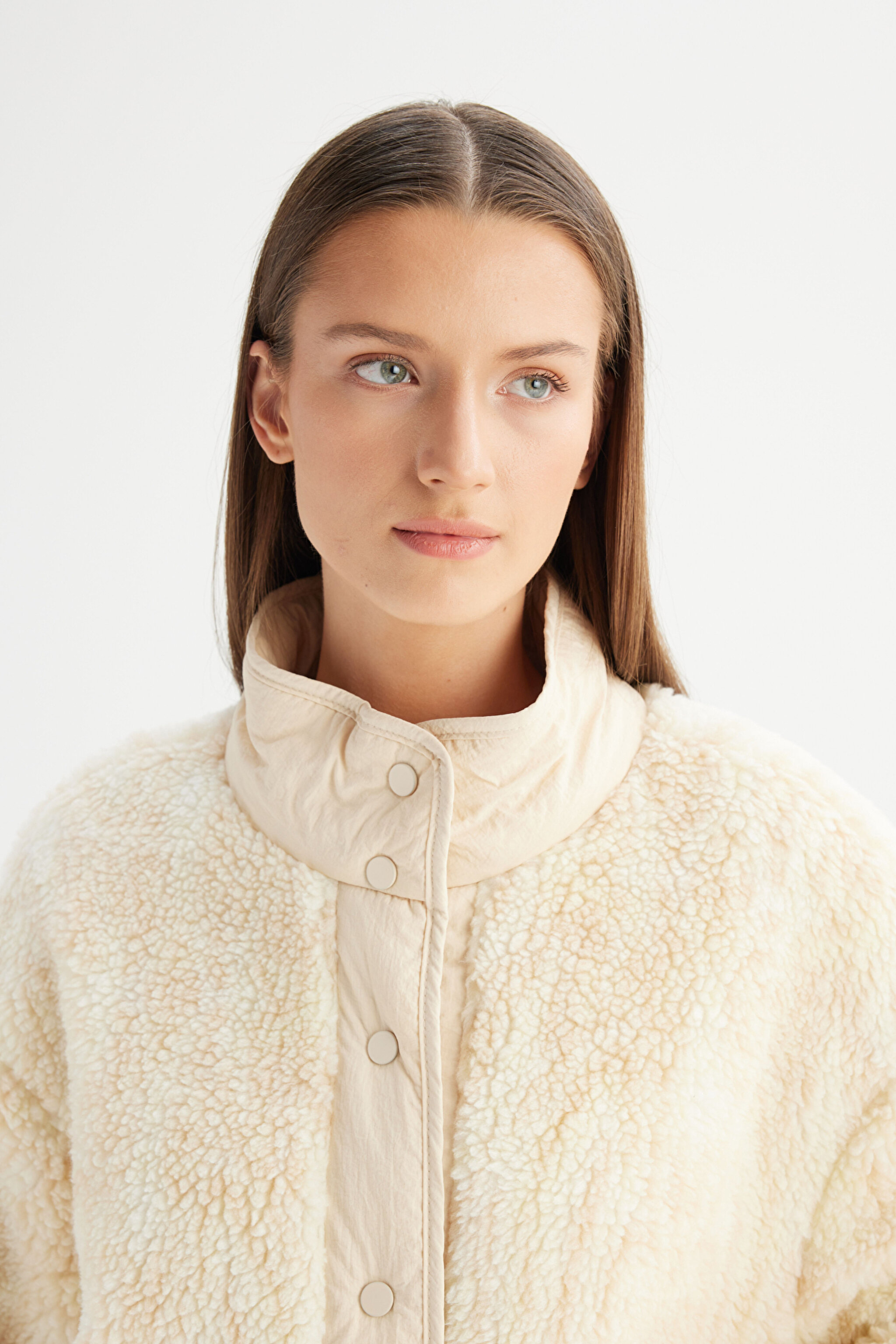 Regular Fit Normal Kesim Desenli Bej Sherpa Ceket - Beige-W242707614 (görsel 4)