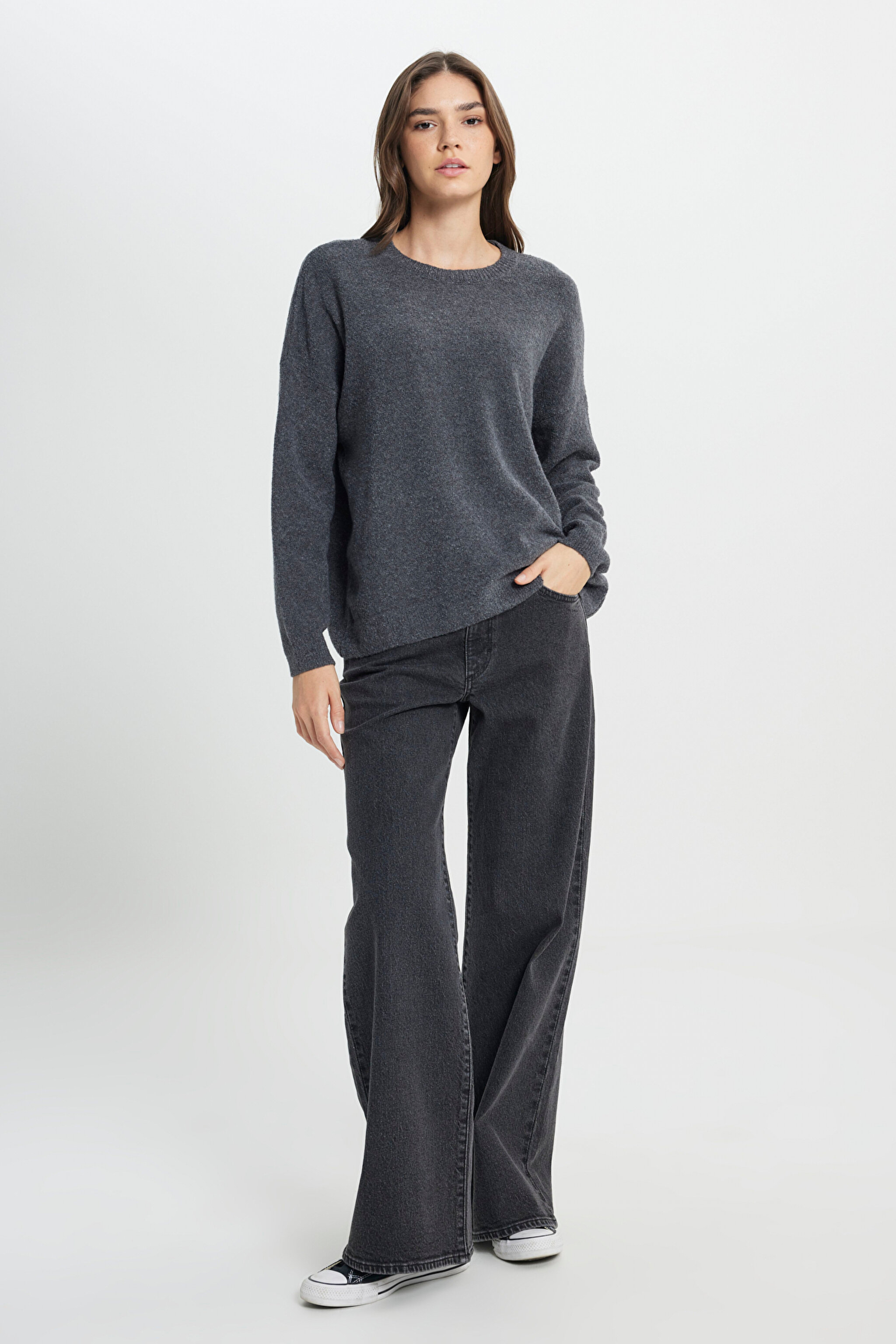 Regular Fit Normal Kesim Antrasit Triko Hırka - Anthra Melange-W242710037 (görsel 4)