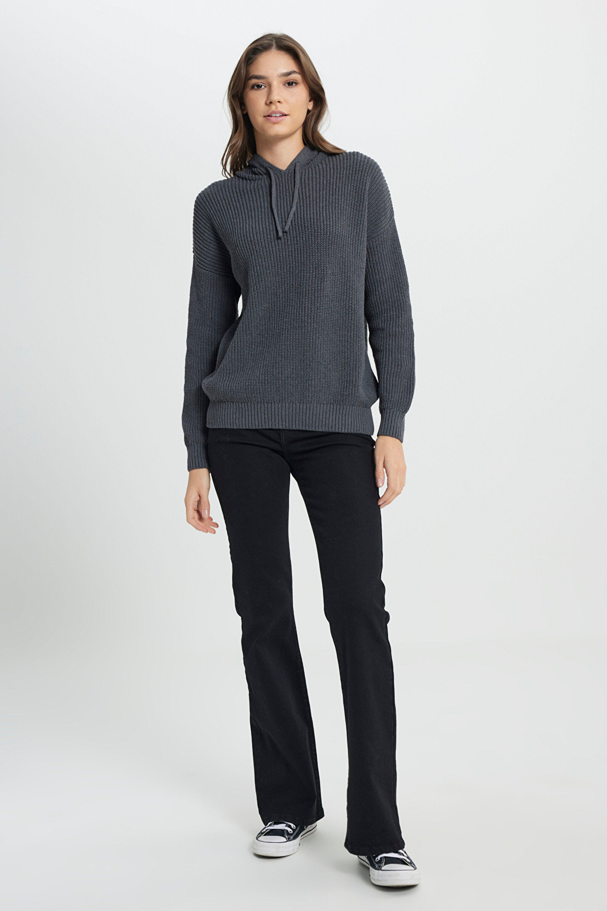 Relaxed Fit Geniş Kesim Kapüşonlu Antrasit Triko Kazak - Dark Gray-W242711040 (görsel 4)