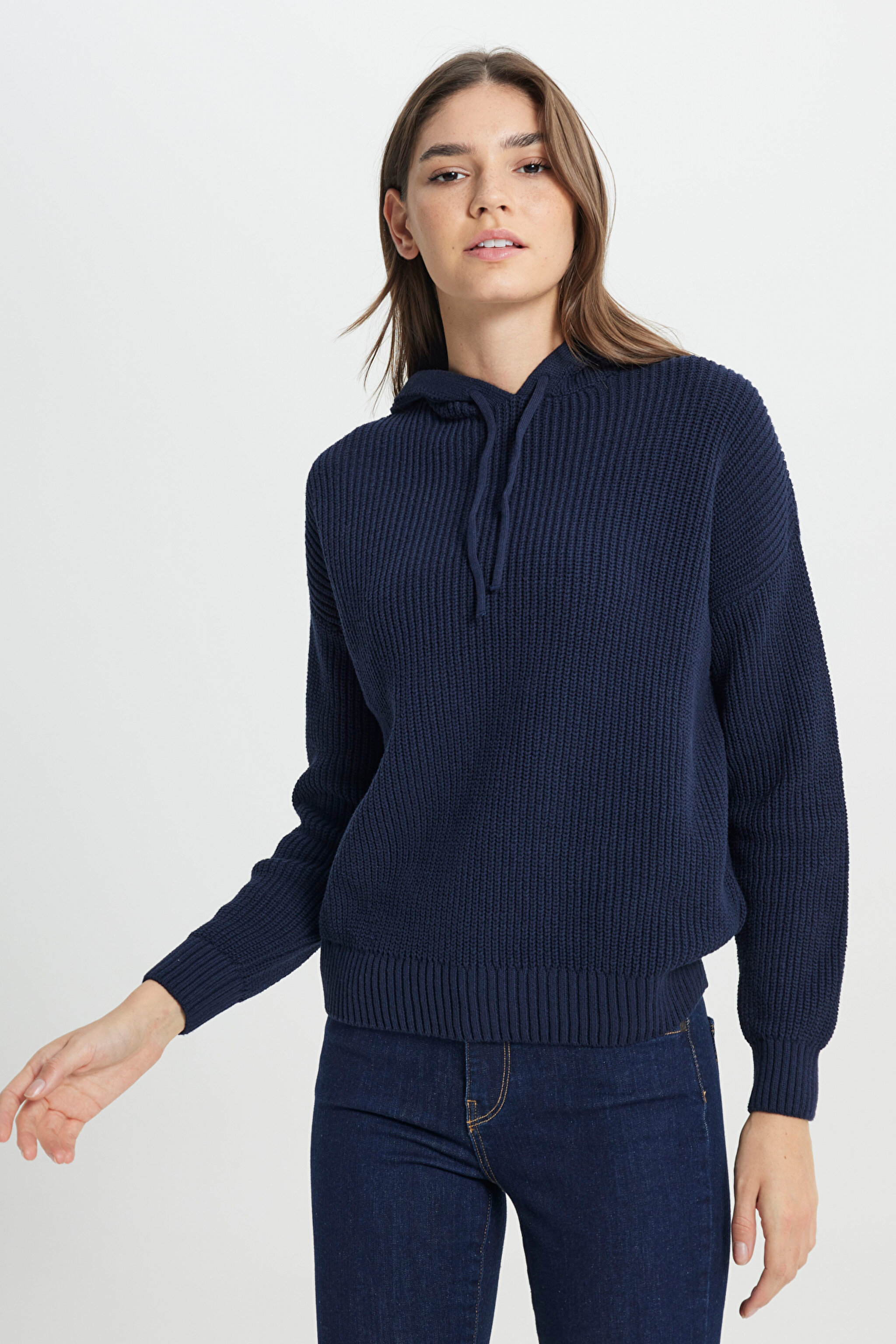 Relaxed Fit Geniş Kesim Kapüşonlu Lacivert Triko Kazak