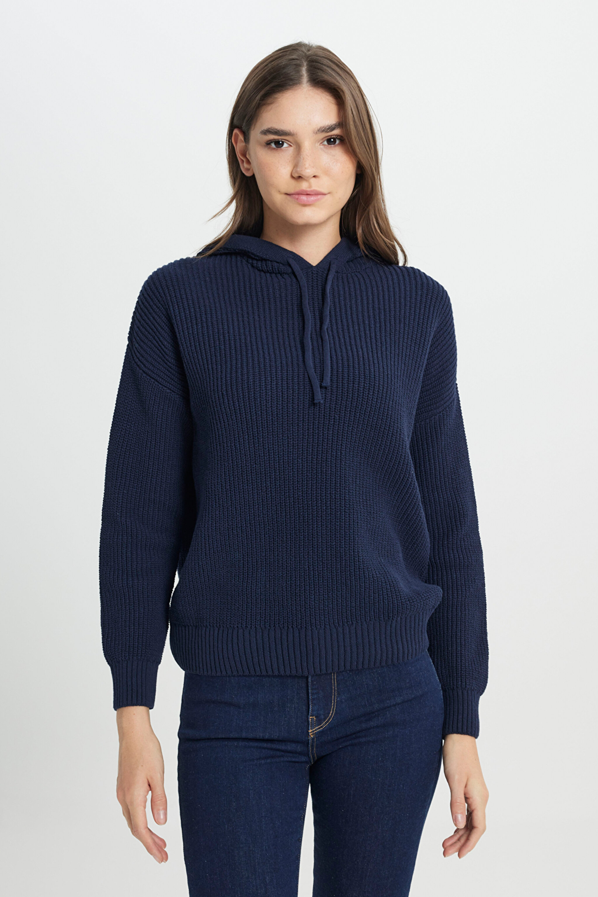 Relaxed Fit Geniş Kesim Kapüşonlu Lacivert Triko Kazak - Navy-W242711410 (görsel 2)