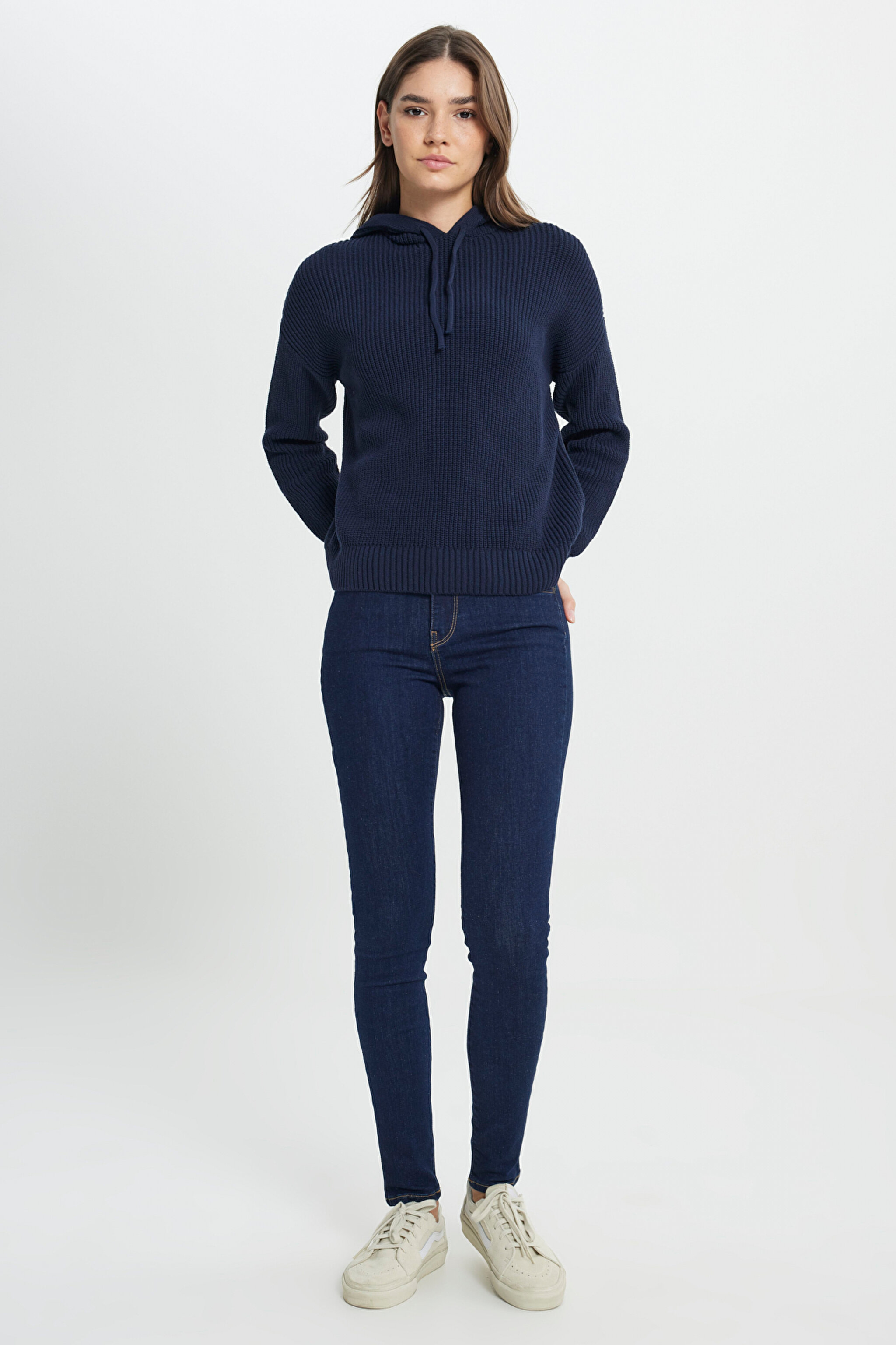 Relaxed Fit Geniş Kesim Kapüşonlu Lacivert Triko Kazak - Navy-W242711410 (görsel 3)
