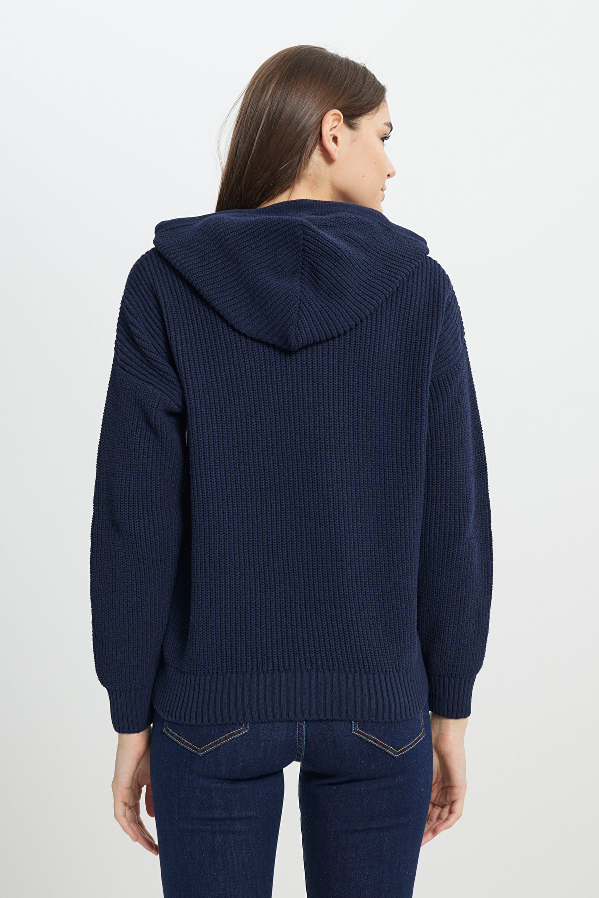 Relaxed Fit Geniş Kesim Kapüşonlu Lacivert Triko Kazak - Navy-W242711410 (görsel 5)