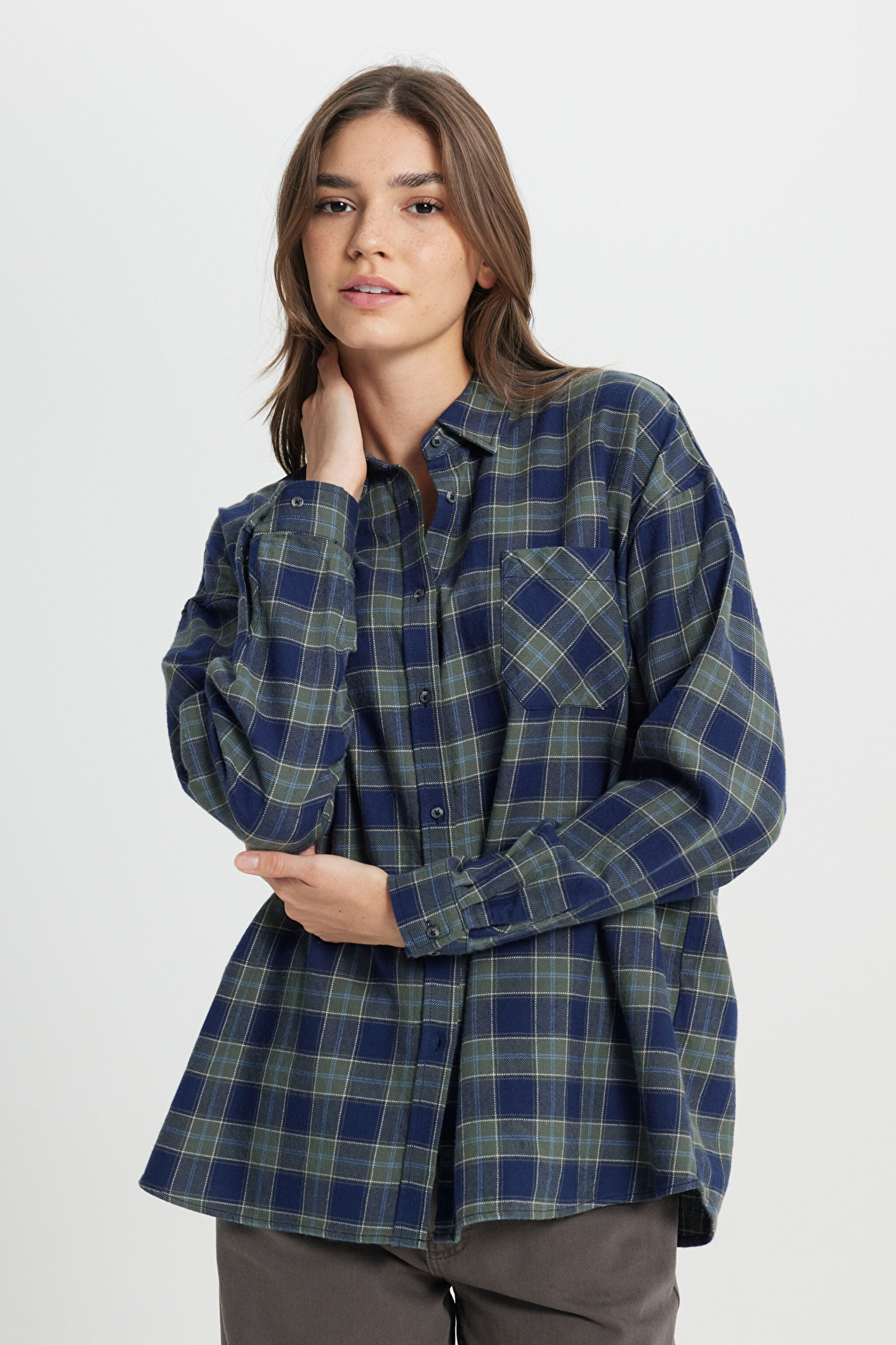 Oversize Bol Kesim %100 Pamuk Koyu Yeşil Gömlek - Dark Green-W242716826