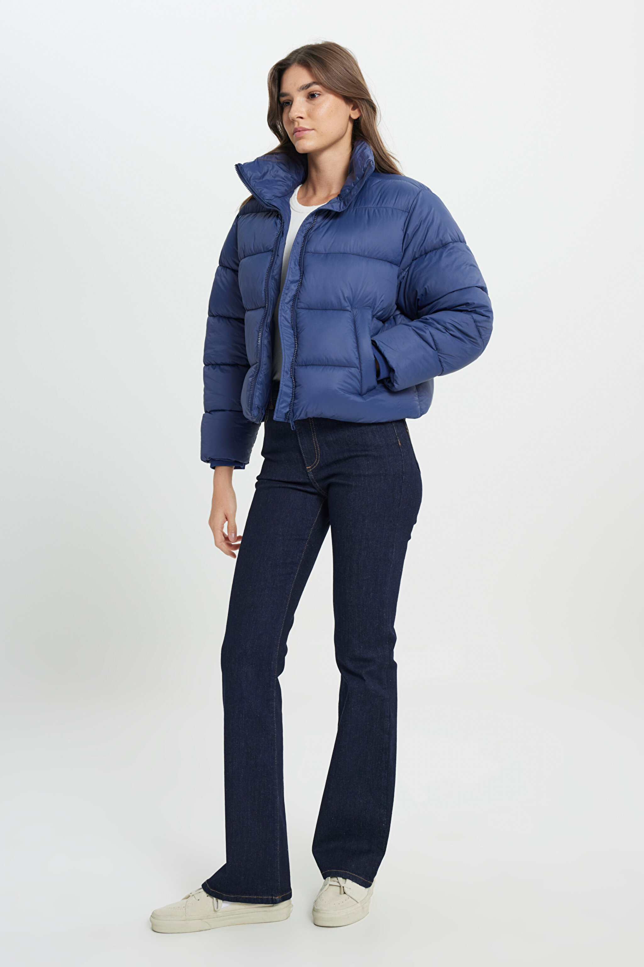 Loose Fit Rahat Kesim Lacivert Şişme Mont - Navy-W242720410 (görsel 5)
