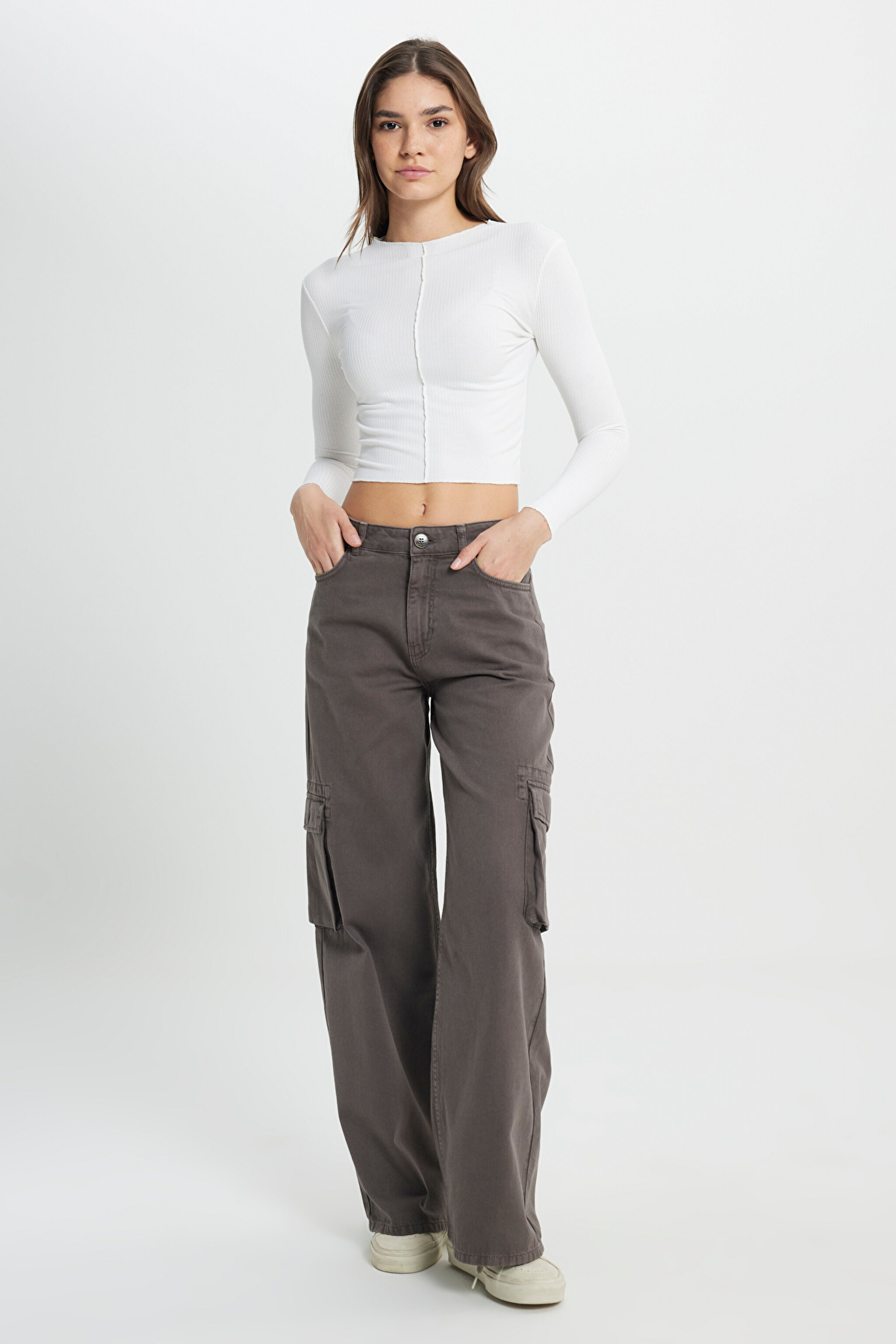 Regular Fit Normal Kesim Bisiklet Yaka Beyaz Uzun Kollu Tişört - White-W242721100 (görsel 4)