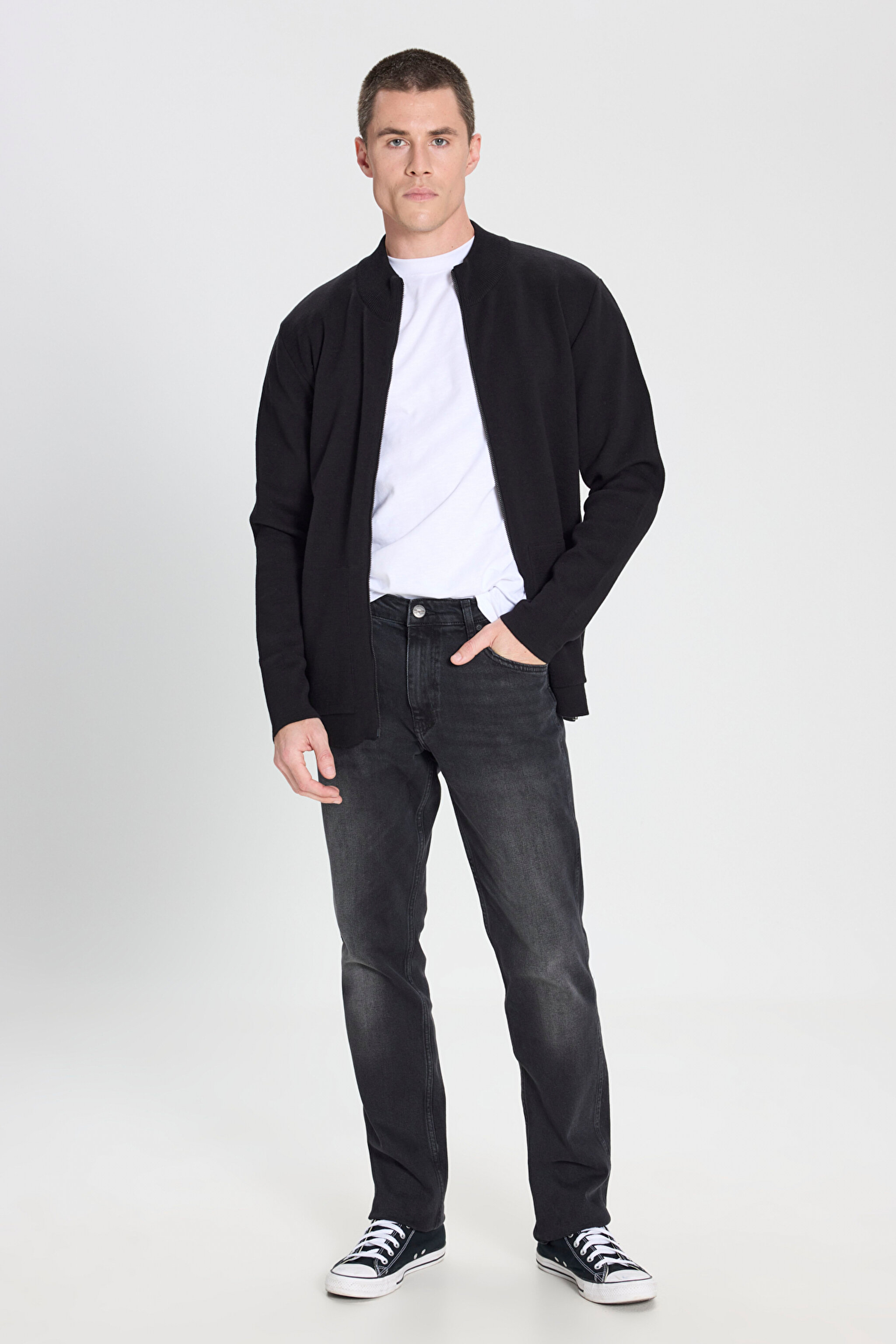 Regular Fit Normal Kesim Fermuarlı Siyah Triko Hırka - Black-W242725001 (görsel 3)