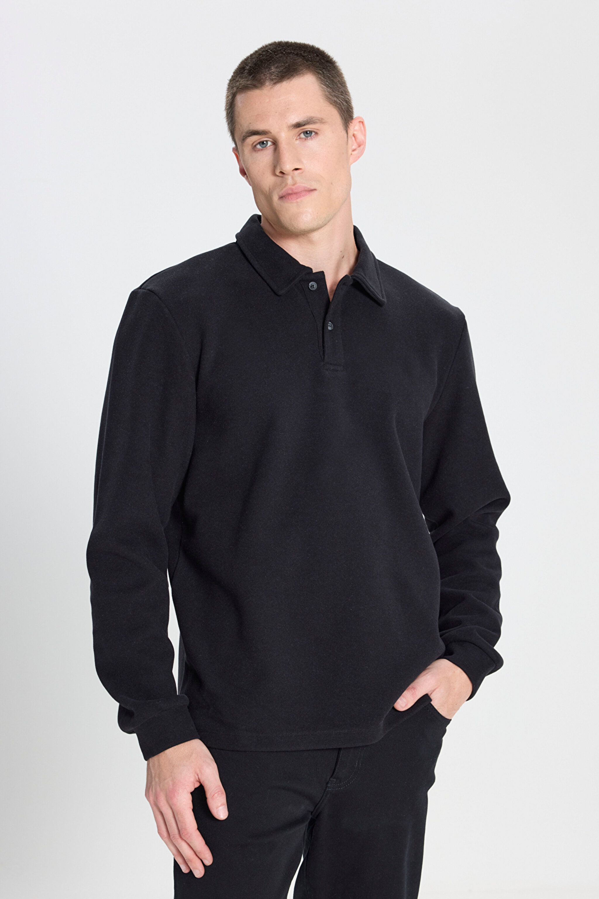 Regular Fit Normal Kesim Polo Yaka Siyah Sweatshirt - Black-W242728001