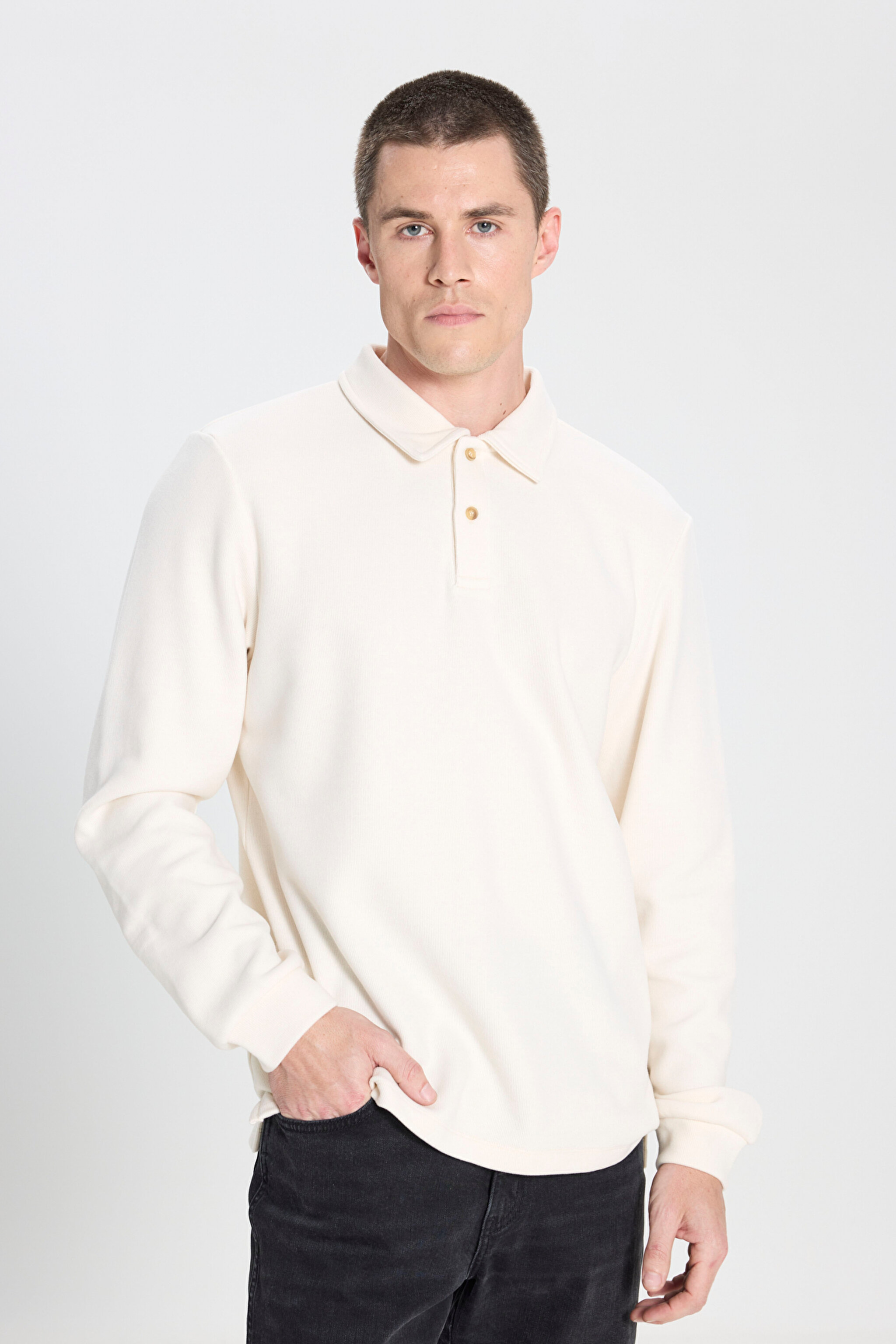 Regular Fit Normal Kesim Polo Yaka Ekru Sweatshirt - Ecru-W242728104 (görsel 2)