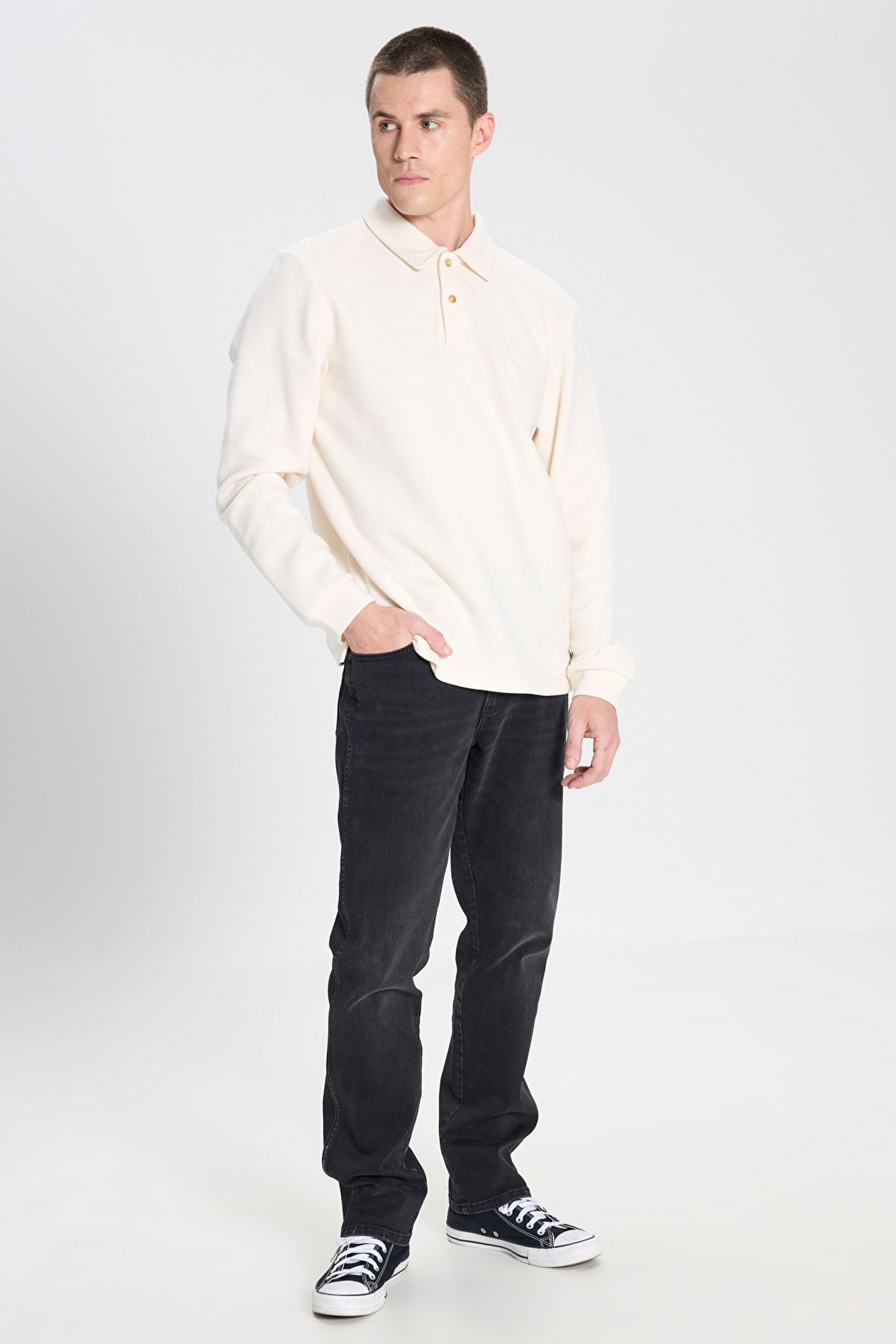 Regular Fit Normal Kesim Polo Yaka Ekru Sweatshirt - Ecru-W242728104 (görsel 3)