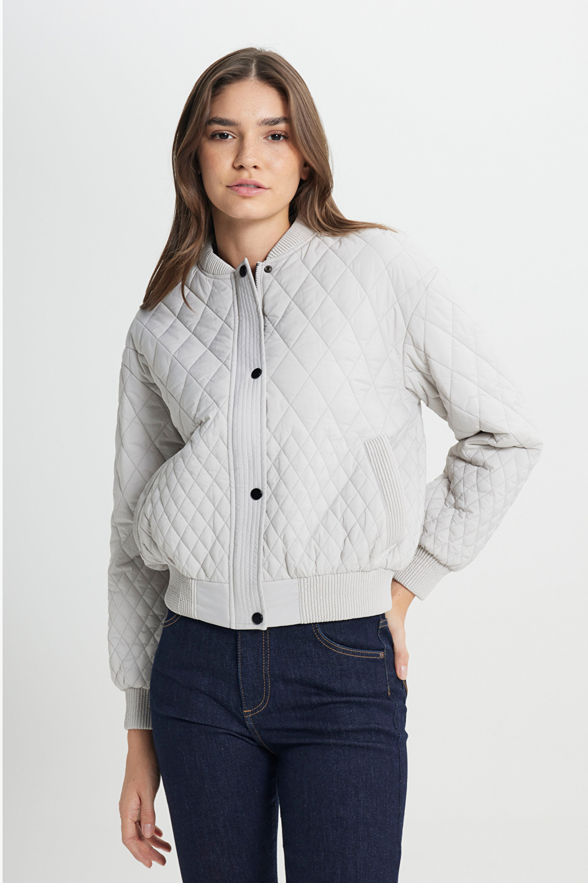Loose Fit Rahat Kesim Kapitone Detaylı Gri Bomber Ceket - Gray-W242741035