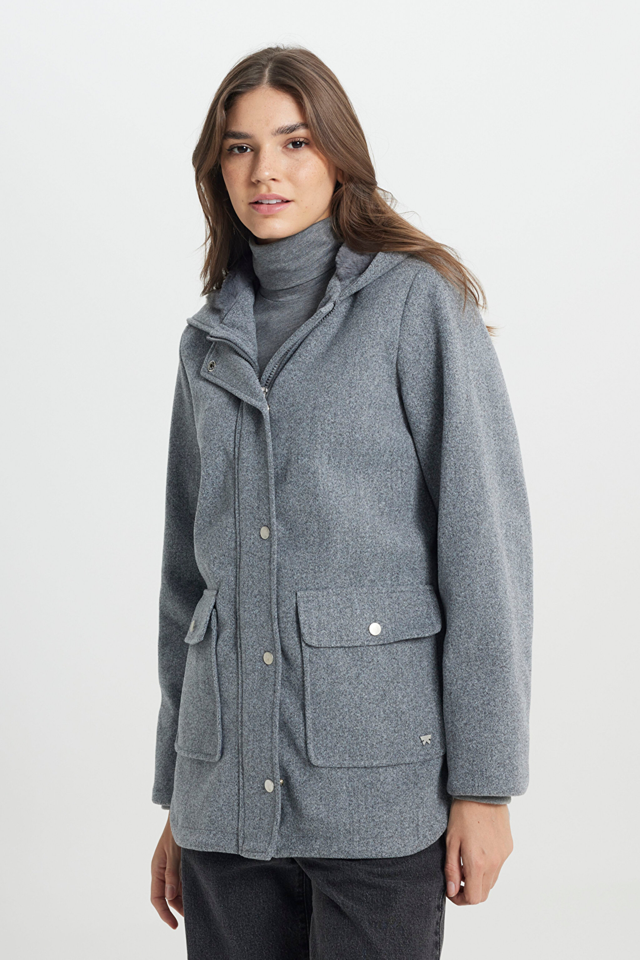 Regular Fit Normal Kesim Kapüşonlu Gri Parka Ceket - Gray-W242742035