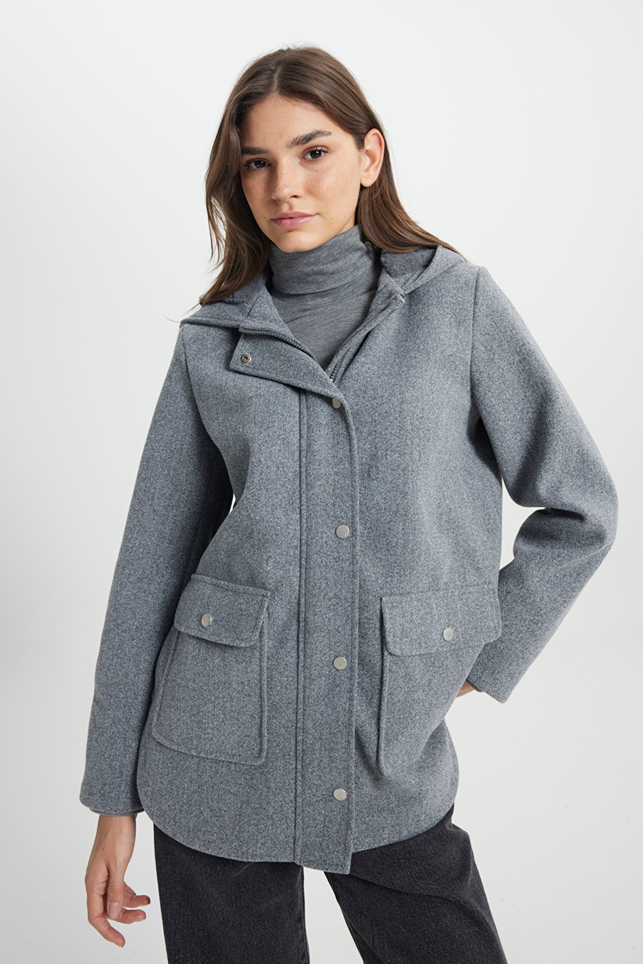 Regular Fit Normal Kesim Kapüşonlu Gri Parka Ceket - Gray-W242742035 (görsel 2)