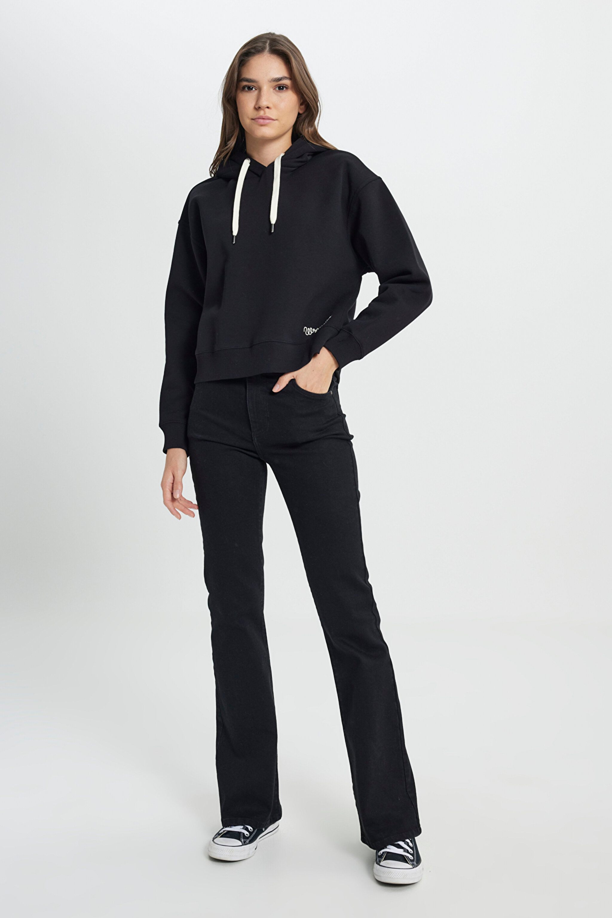 Regular Fit Normal Kesim Kapüşonlu İçi Polarlı Siyah Sweatshirt - Black-W242761001 (görsel 5)