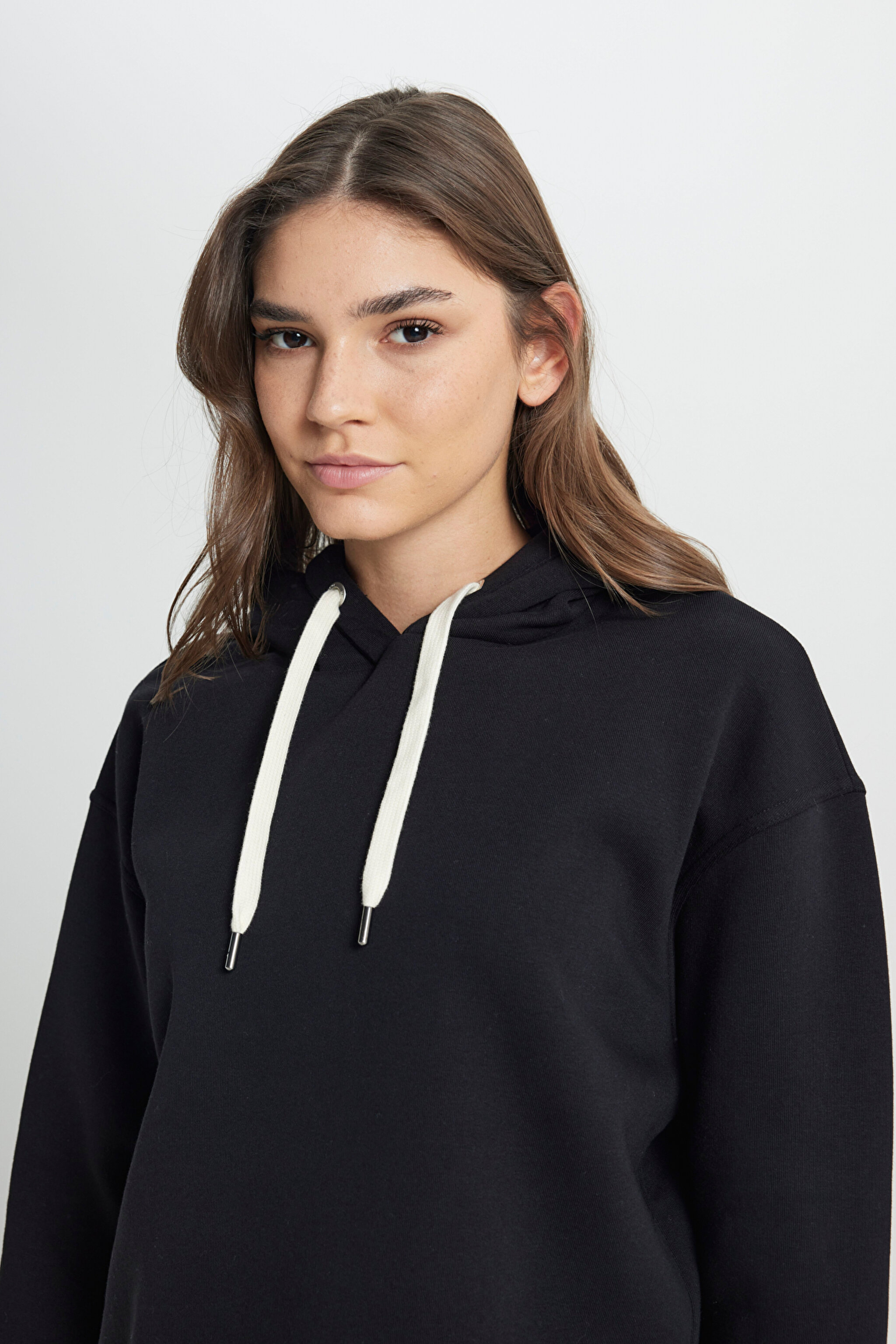 Regular Fit Normal Kesim Kapüşonlu İçi Polarlı Siyah Sweatshirt - Black-W242761001 (görsel 6)