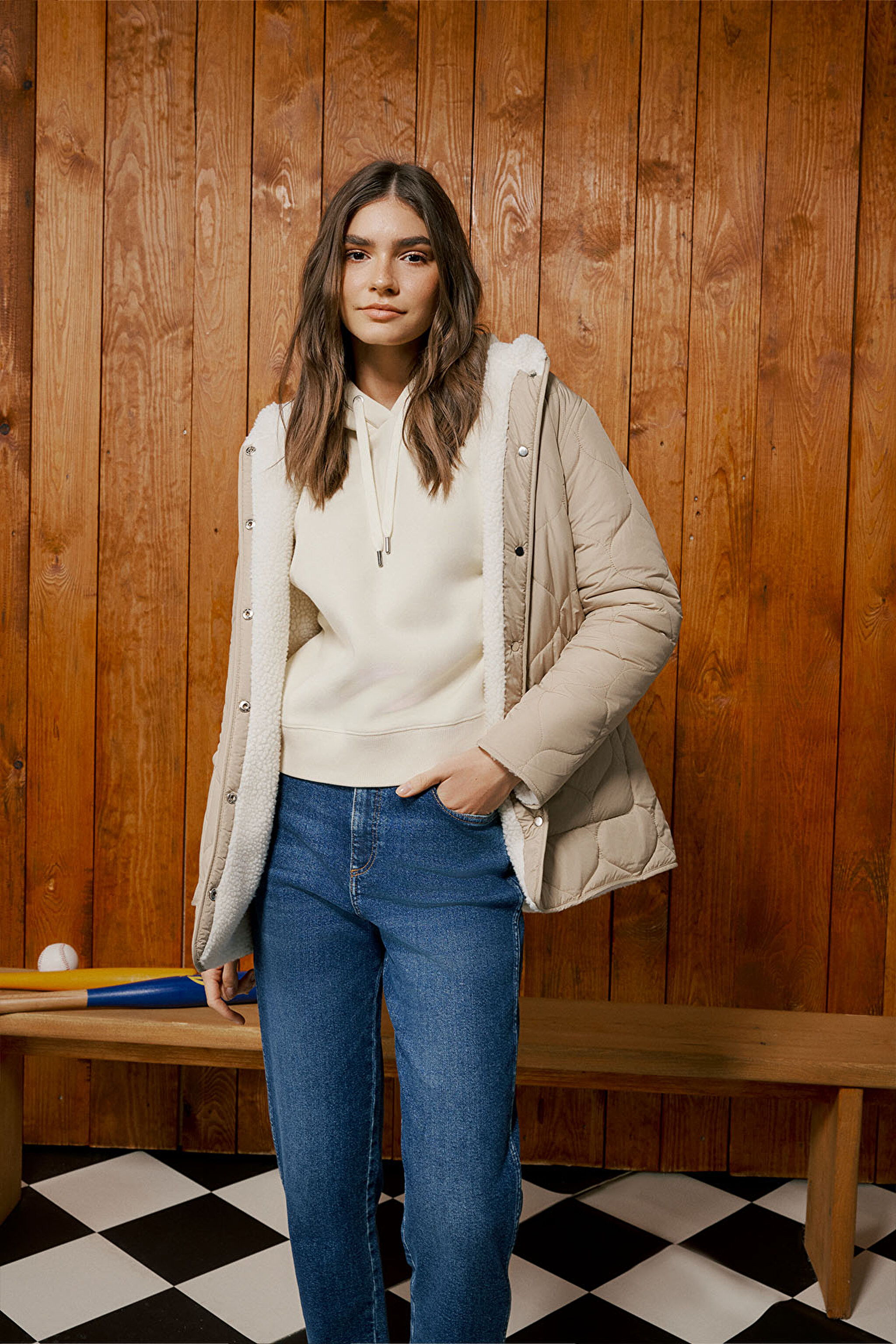 Regular Fit Normal Kesim Kapüşonlu İçi Polarlı Ekru Sweatshirt