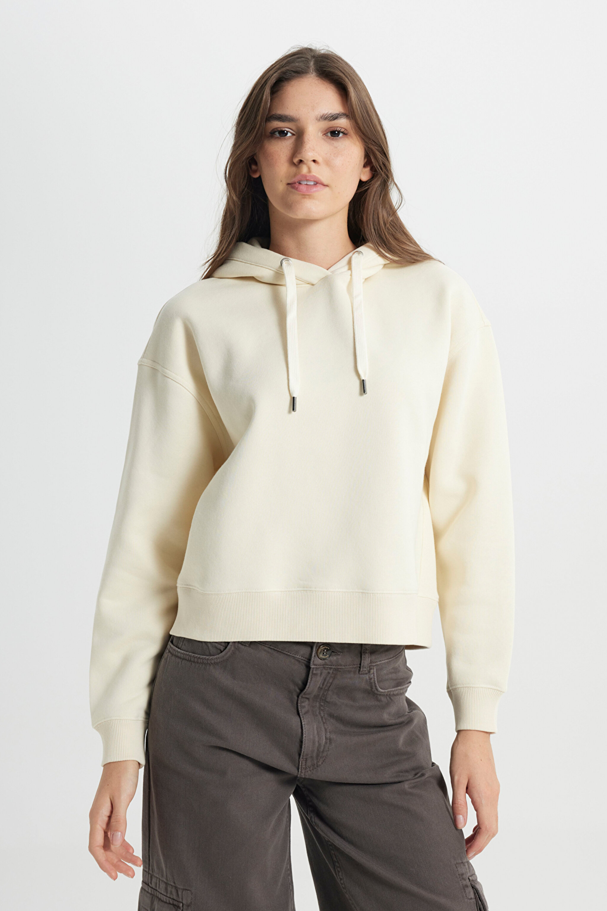 Regular Fit Normal Kesim Kapüşonlu İçi Polarlı Ekru Sweatshirt - Ecru-W242761A74 (görsel 3)