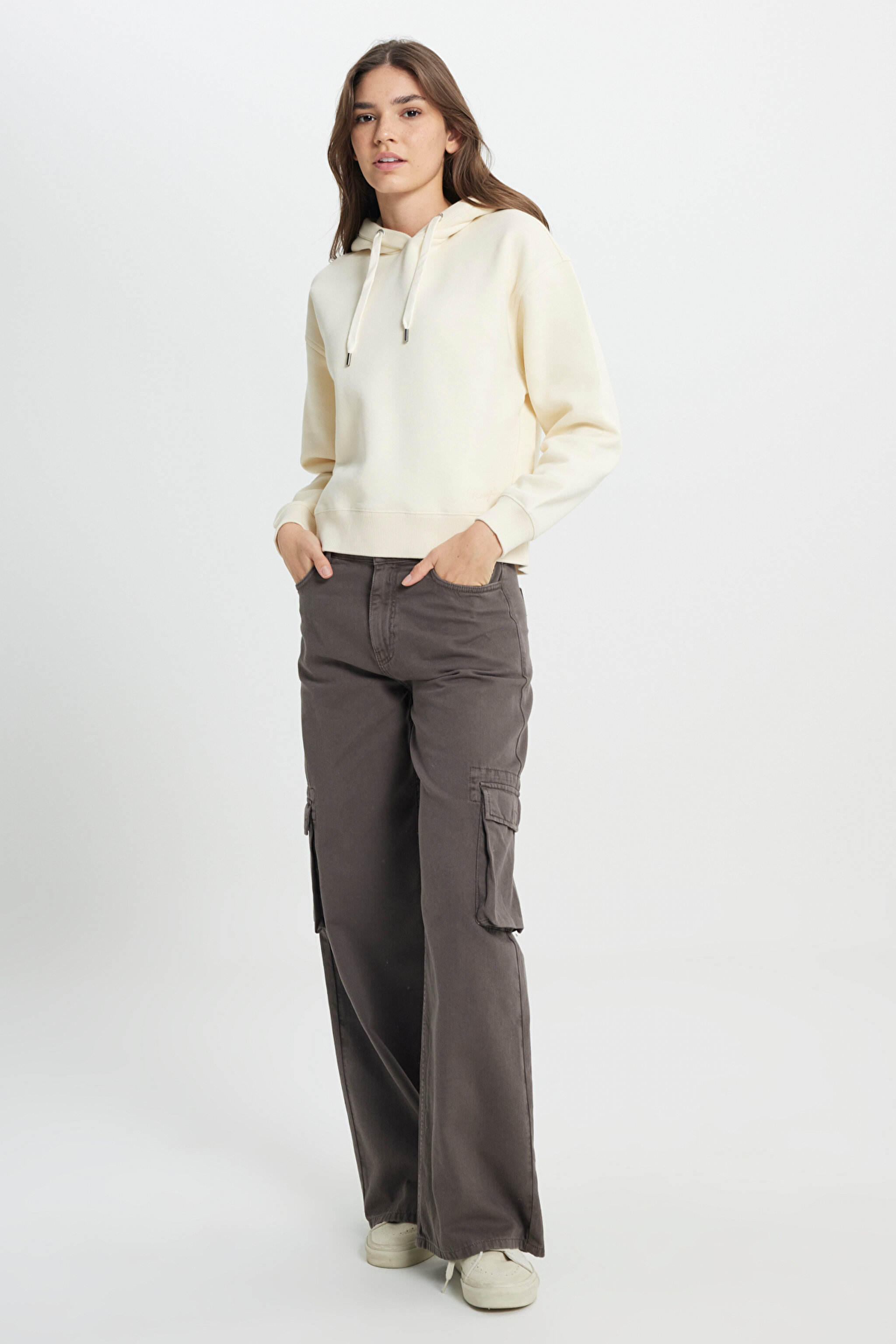Regular Fit Normal Kesim Kapüşonlu İçi Polarlı Ekru Sweatshirt - Ecru-W242761A74 (görsel 4)