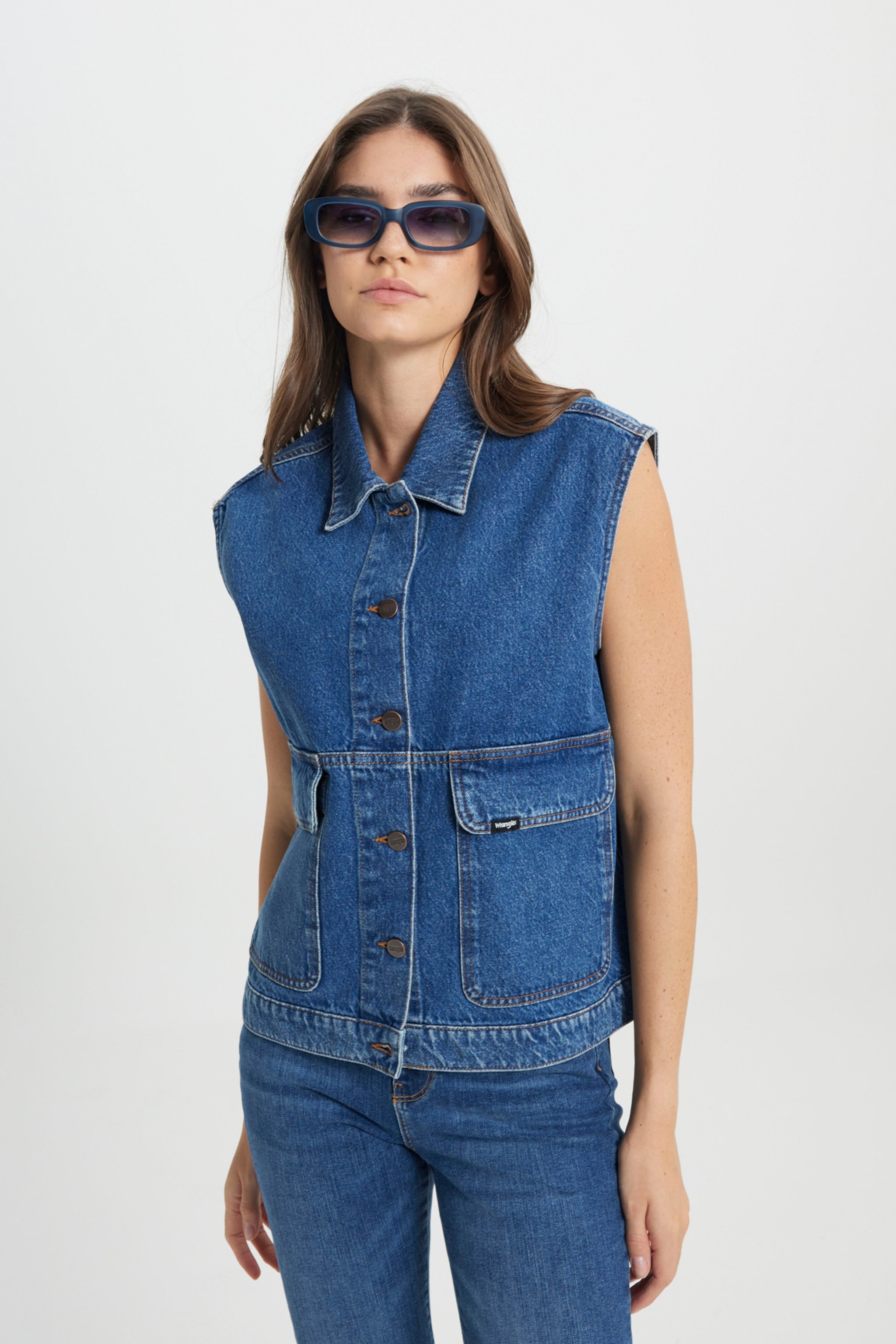 Slim Fit Dar Kesim %100 Pamuk Mavi Jean Denim Gömlek - Mid Indigo-W242769318 (görsel 4)