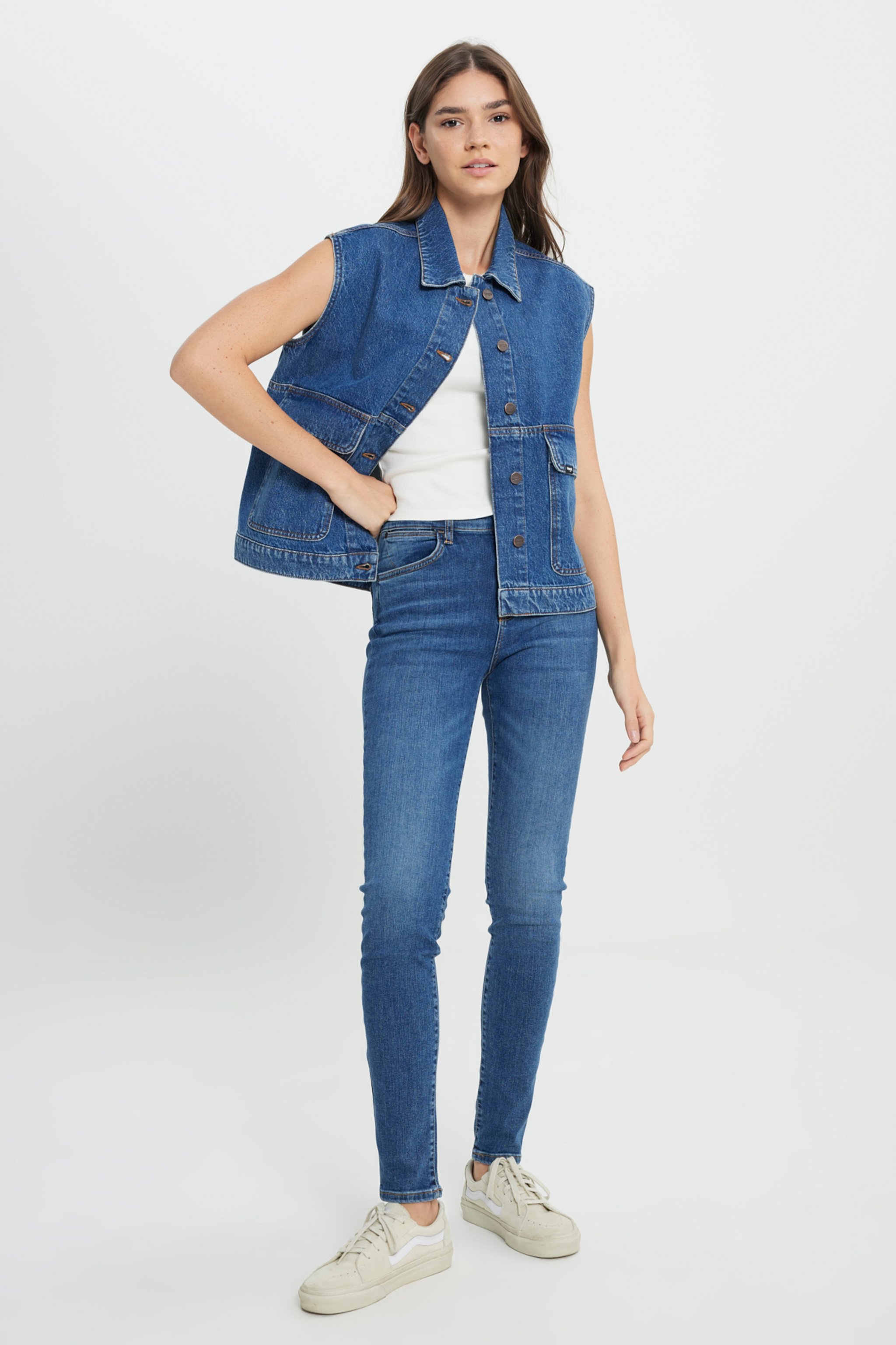 Slim Fit Dar Kesim %100 Pamuk Mavi Jean Denim Gömlek - Mid Indigo-W242769318 (görsel 5)